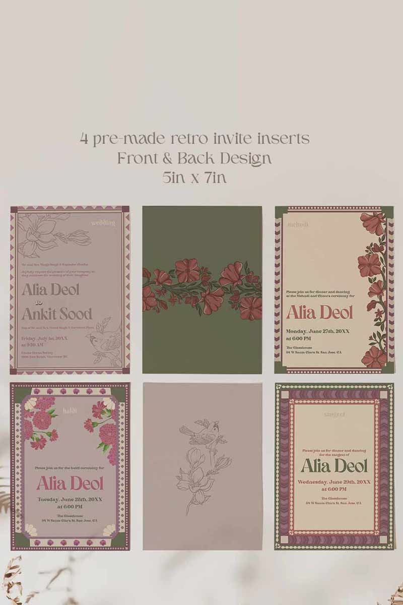 Wedding Invitations. Retro Wedding Invitation Set. Retro Welcome Sign. Indian Wedding Invites. Event Welcome Sign. Wine Purple, Green and beige colours. Wine Purple florals. Birthday and Celebration. Wedding Ceremony. Engagement Sign. Wedding Stationery. DIY Stationery. Digital Download. Canva. Indian Weddings. Anand Karaj. Sangeet. Chunni. Mehndi, Haldi. Personalize. Customize.