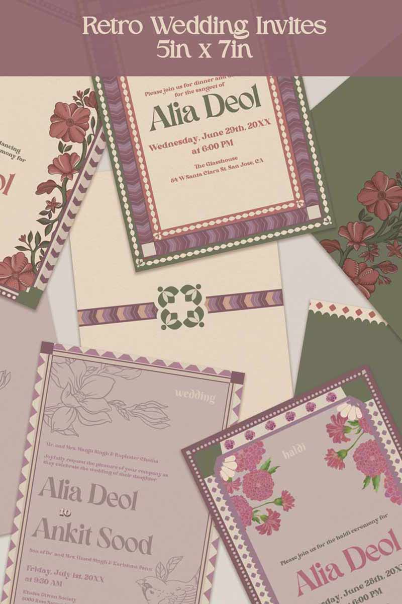 Wedding Invitations. Retro Wedding Invitation Set. Retro Welcome Sign. Indian Wedding Invites. Event Welcome Sign. Wine Purple, Green and beige colours. Wine Purple florals. Birthday and Celebration. Wedding Ceremony. Engagement Sign. Wedding Stationery. DIY Stationery. Digital Download. Canva. Indian Weddings. Anand Karaj. Sangeet. Chunni. Mehndi, Haldi. Personalize. Customize.