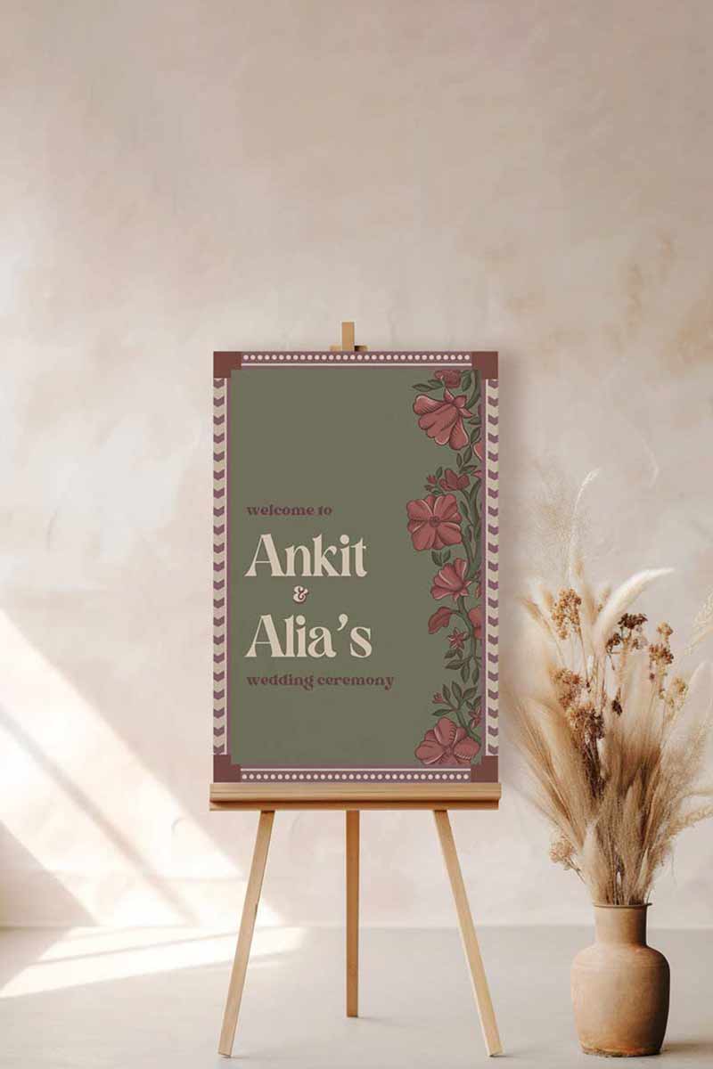 Wedding Invitations. Retro Welcome Sign. Indian Wedding Invites. Event Welcome Sign. Wine Purple, Green and beige colours. Wine Purple florals. Birthday and Celebration. Wedding Ceremony. Engagement Sign. Wedding Stationery. DIY Stationery. Digital Download. Canva. Indian Weddings. Anand Karaj. Sangeet. Chunni. Mehndi, Haldi. Personalize. Customize.
