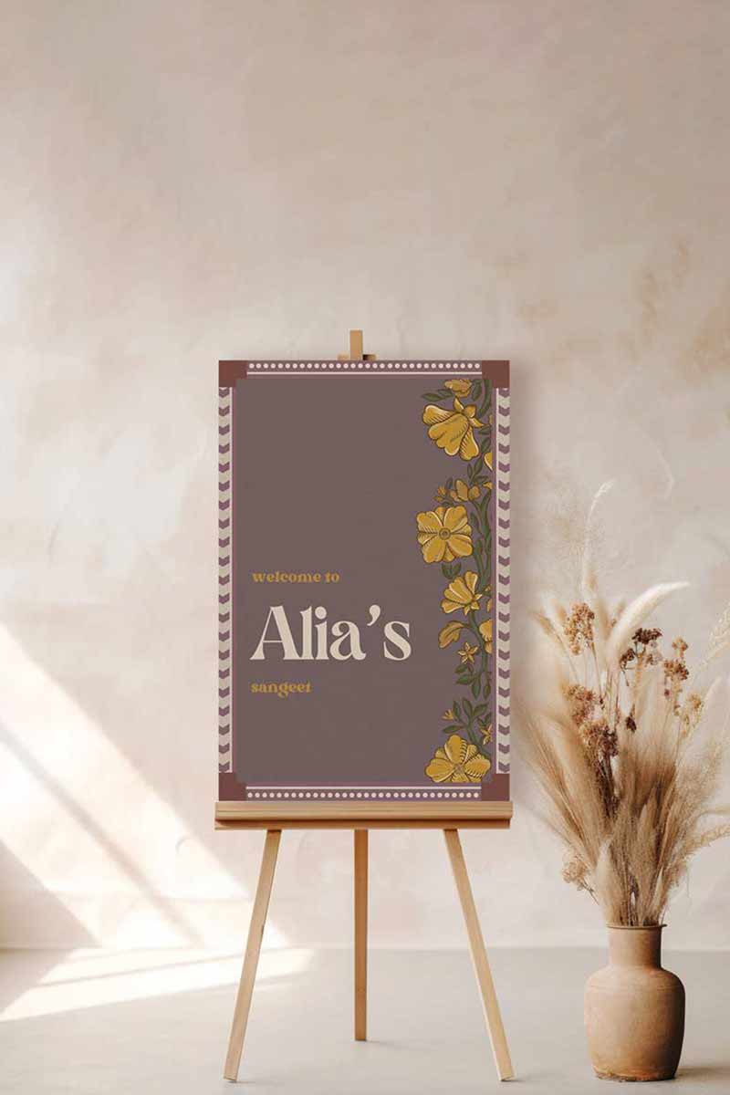 Wedding Invitations. Retro Welcome Sign. Indian Wedding Invites. Event Welcome Sign. Wine Purple, yellow and beige colours. Yellow florals. Birthday and Celebration. Wedding Ceremony. Engagement Sign. Wedding Stationery. DIY Stationery. Digital Download. Canva. Indian Weddings. Anand Karaj. Sangeet. Chunni. Personalize. Customize.