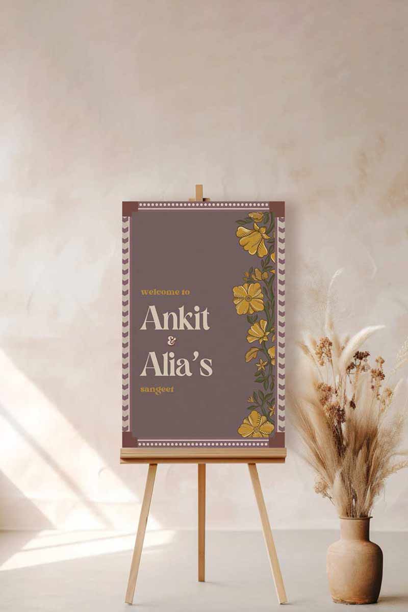 Wedding Invitations. Retro Welcome Sign. Indian Wedding Invites. Event Welcome Sign. Wine Purple, yellow and beige colours. Yellow florals. Birthday and Celebration. Wedding Ceremony. Engagement Sign. Wedding Stationery. DIY Stationery. Digital Download. Canva. Indian Weddings. Anand Karaj. Sangeet. Chunni. Personalize. Customize.