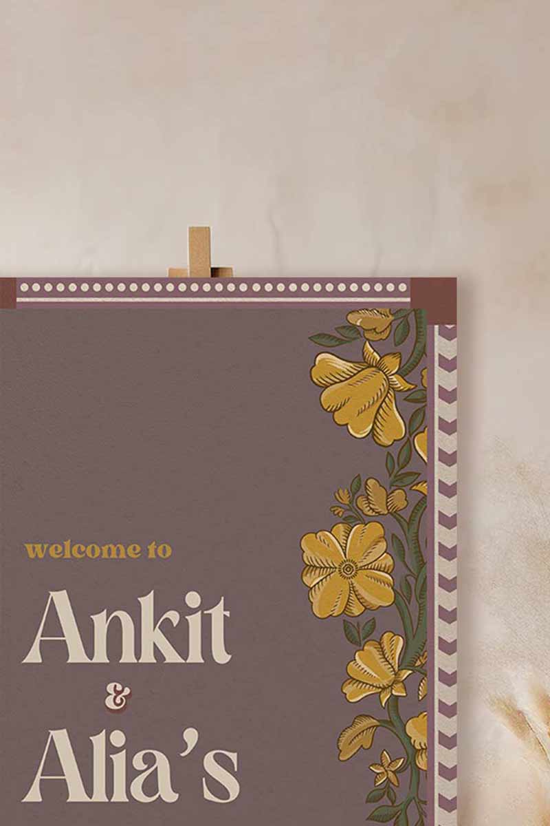 Wedding Invitations. Retro Welcome Sign. Indian Wedding Invites. Event Welcome Sign. Wine Purple, yellow and beige colours. Yellow florals. Birthday and Celebration. Wedding Ceremony. Engagement Sign. Wedding Stationery. DIY Stationery. Digital Download. Canva. Indian Weddings. Anand Karaj. Sangeet. Chunni. Personalize. Customize.