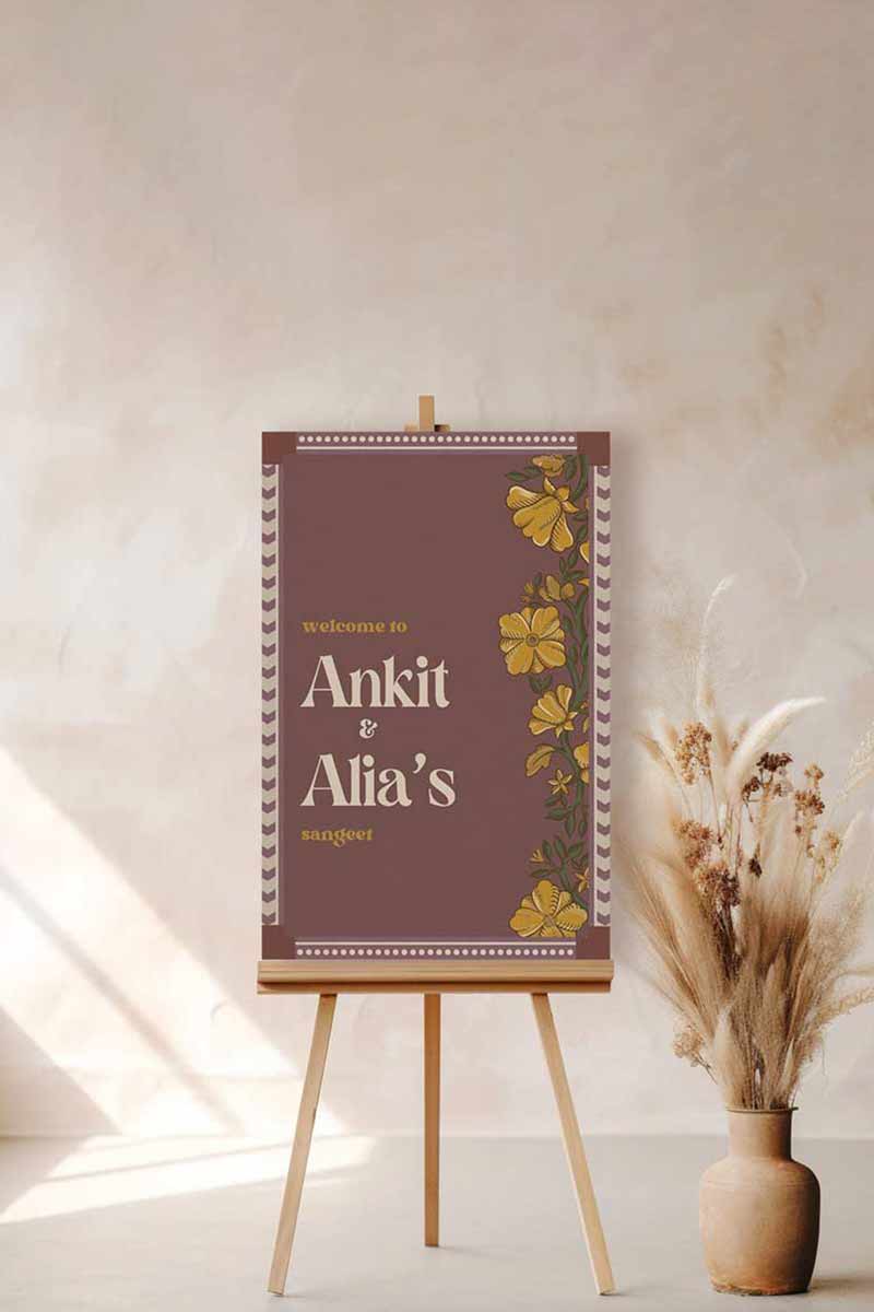 Wedding Invitations. Retro Welcome Sign. Indian Wedding Invites. Event Welcome Sign. Wine Purple, Yellow and beige colours. Yellow florals. Birthday and Celebration. Wedding Ceremony. Engagement Sign. Wedding Stationery. DIY Stationery. Digital Download. Canva. Indian Weddings. Anand Karaj. Sangeet. Chunni. Mehndi, Haldi. Personalize. Customize.
