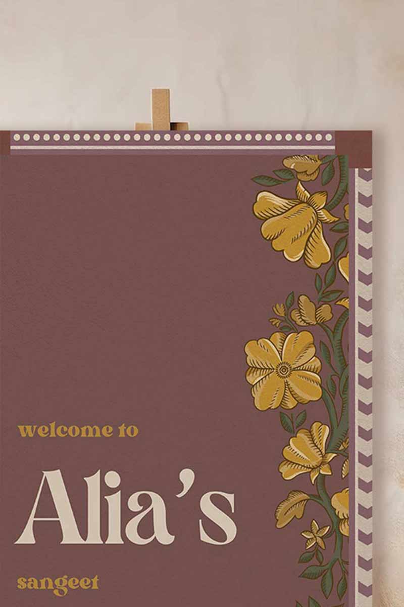 Wedding Invitations. Retro Welcome Sign. Indian Wedding Invites. Event Welcome Sign. Wine Purple, Yellow and beige colours. Yellow florals. Birthday and Celebration. Wedding Ceremony. Engagement Sign. Wedding Stationery. DIY Stationery. Digital Download. Canva. Indian Weddings. Anand Karaj. Sangeet. Chunni. Mehndi, Haldi. Personalize. Customize.