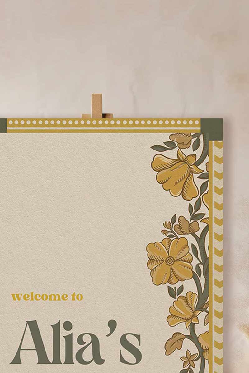 Wedding Invitations. Retro Welcome Sign. Indian Wedding Invites. Event Welcome Sign. Mehndi Green, Yellow and beige colours. Yellow florals. Birthday and Celebration. Wedding Ceremony. Engagement Sign. Wedding Stationery. DIY Stationery. Digital Download. Canva. Indian Weddings. Anand Karaj. Sangeet. Chunni. Mehndi, Haldi. Personalize. Customize.