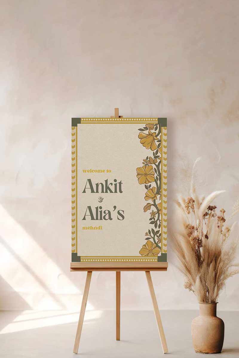 Wedding Invitations. Retro Welcome Sign. Indian Wedding Invites. Event Welcome Sign. Mehndi Green, Yellow and beige colours. Yellow florals. Birthday and Celebration. Wedding Ceremony. Engagement Sign. Wedding Stationery. DIY Stationery. Digital Download. Canva. Indian Weddings. Anand Karaj. Sangeet. Chunni. Mehndi, Haldi. Personalize. Customize.