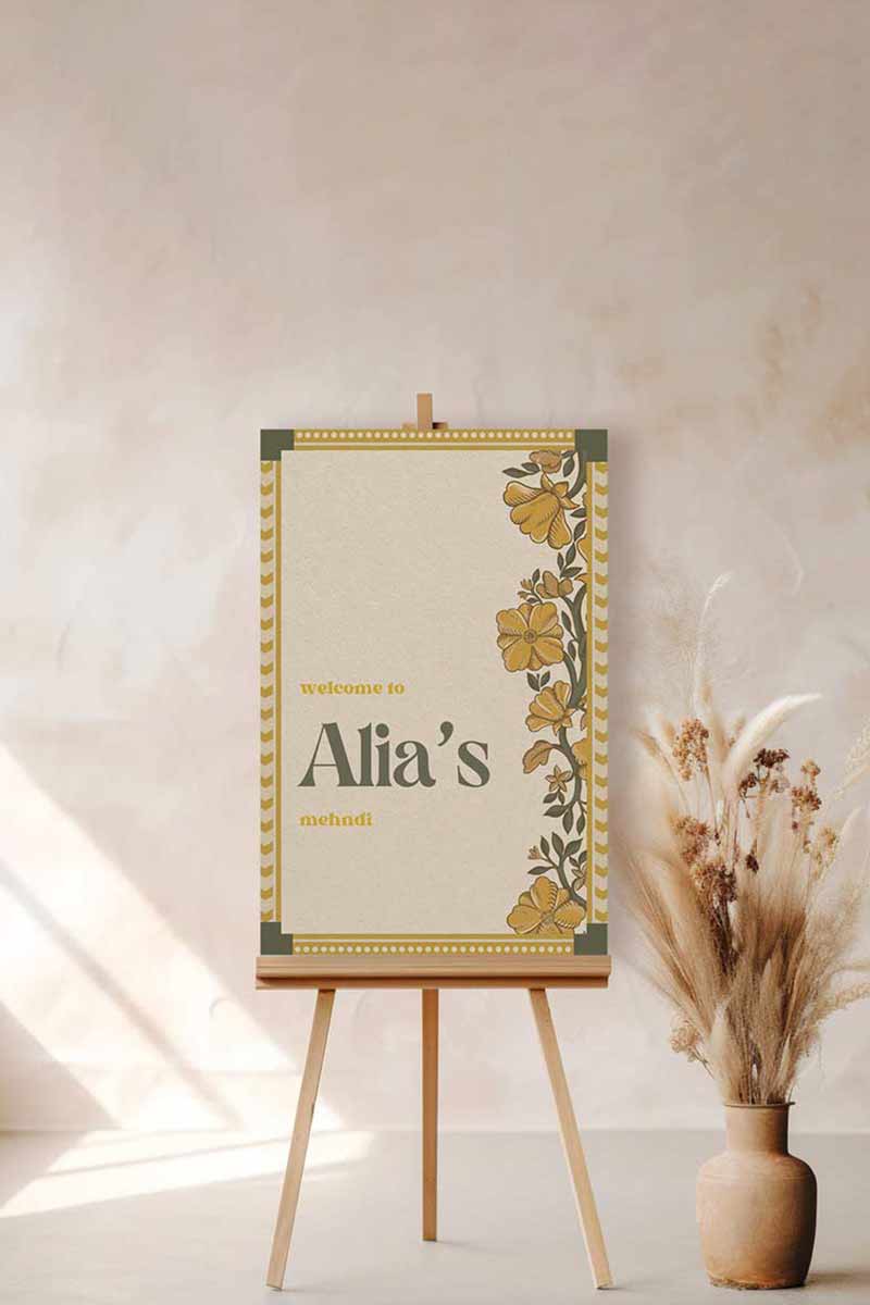 Wedding Invitations. Retro Welcome Sign. Indian Wedding Invites. Event Welcome Sign. Mehndi Green, Yellow and beige colours. Yellow florals. Birthday and Celebration. Wedding Ceremony. Engagement Sign. Wedding Stationery. DIY Stationery. Digital Download. Canva. Indian Weddings. Anand Karaj. Sangeet. Chunni. Mehndi, Haldi. Personalize. Customize.