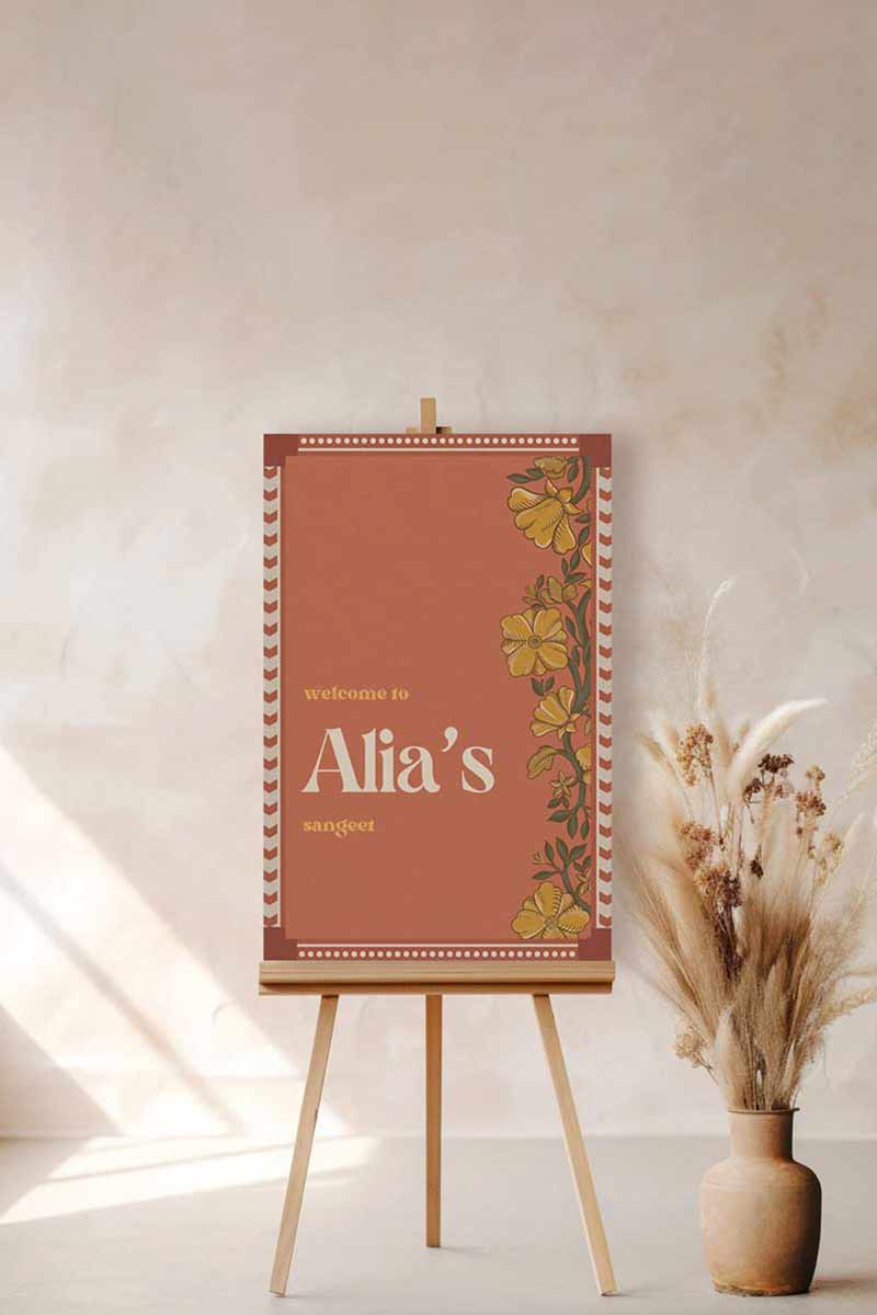 Wedding Invitations. Retro Welcome Sign. Indian Wedding Invites. Event Welcome Sign. Burnt Orange and beige colours. Yellow florals. Birthday and Celebration. Wedding Ceremony. Engagement Sign. Wedding Stationery. DIY Stationery. Digital Download. Canva. Indian Weddings. Anand Karaj. Sangeet. Chunni. Mehndi, Haldi. Personalize. Customize.