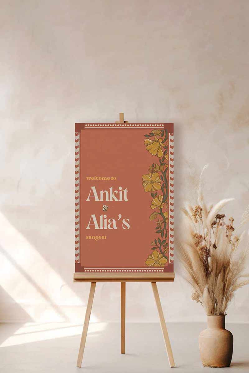 Wedding Invitations. Retro Welcome Sign. Indian Wedding Invites. Event Welcome Sign. Burnt Orange and beige colours. Yellow florals. Birthday and Celebration. Wedding Ceremony. Engagement Sign. Wedding Stationery. DIY Stationery. Digital Download. Canva. Indian Weddings. Anand Karaj. Sangeet. Chunni. Mehndi, Haldi. Personalize. Customize.