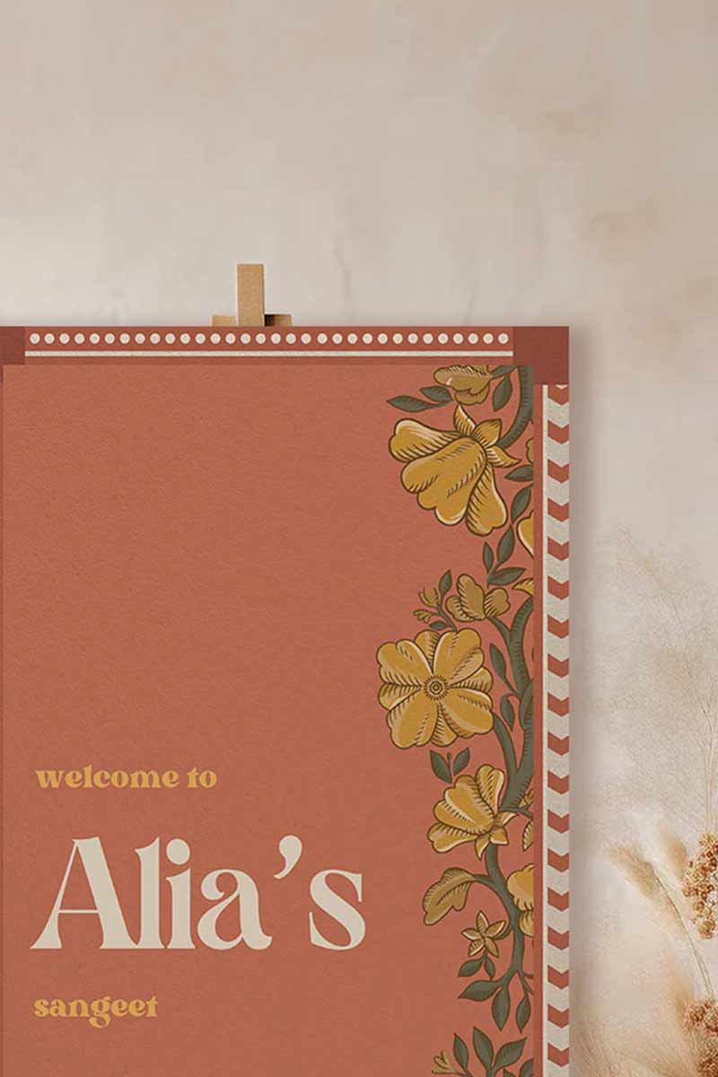 Wedding Invitations. Retro Welcome Sign. Indian Wedding Invites. Event Welcome Sign. Burnt Orange and beige colours. Yellow florals. Birthday and Celebration. Wedding Ceremony. Engagement Sign. Wedding Stationery. DIY Stationery. Digital Download. Canva. Indian Weddings. Anand Karaj. Sangeet. Chunni. Mehndi, Haldi. Personalize. Customize.