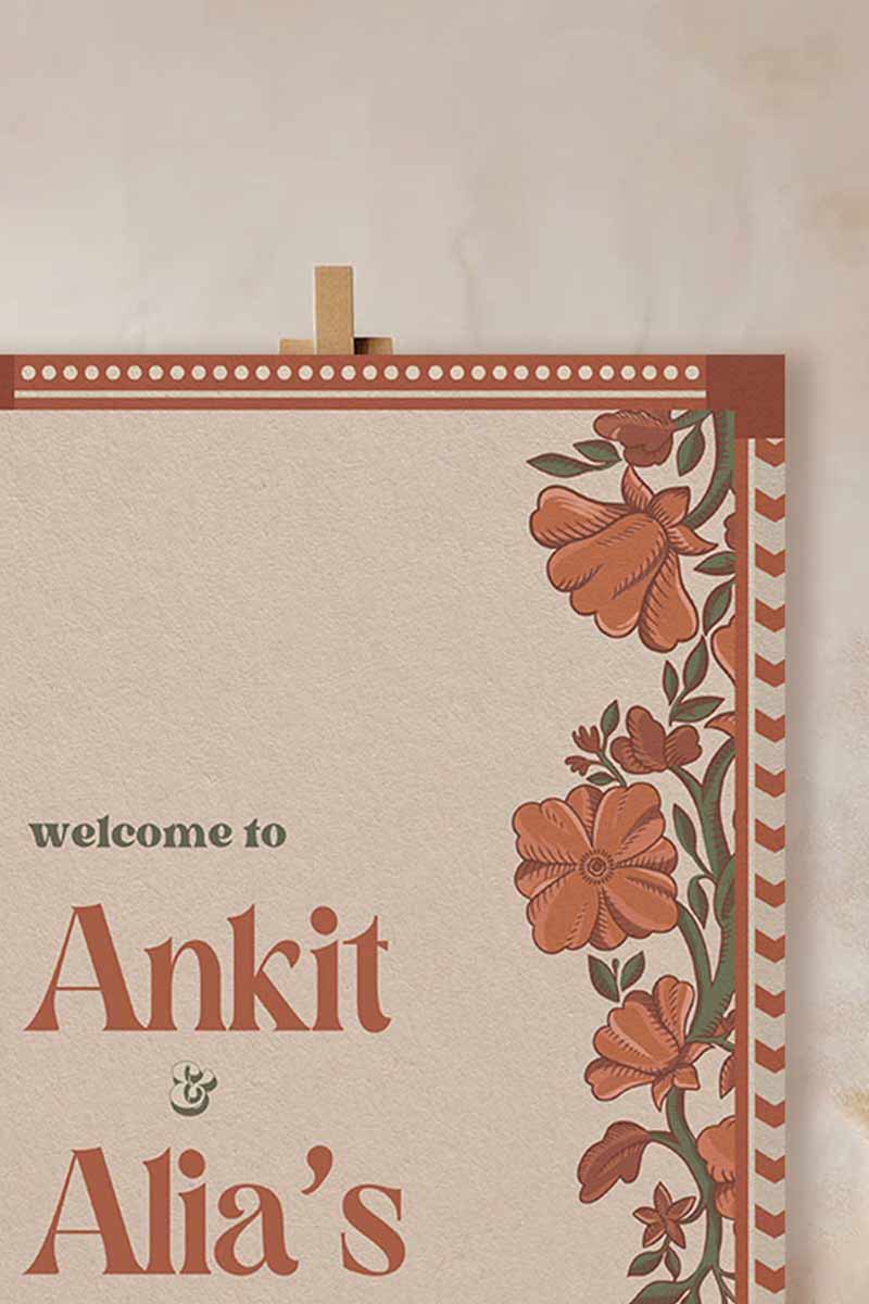 Wedding Invitations. Retro Welcome Sign. Indian Wedding Invites. Event Welcome Sign. Burnt Orange and beige colours. Orange florals. Birthday and Celebration. Wedding Ceremony. Engagement Sign. Wedding Stationery. DIY Stationery. Digital Download. Canva. Indian Weddings. Anand Karaj. Sangeet. Chunni. Mehndi, Haldi. Personalize. Customize.