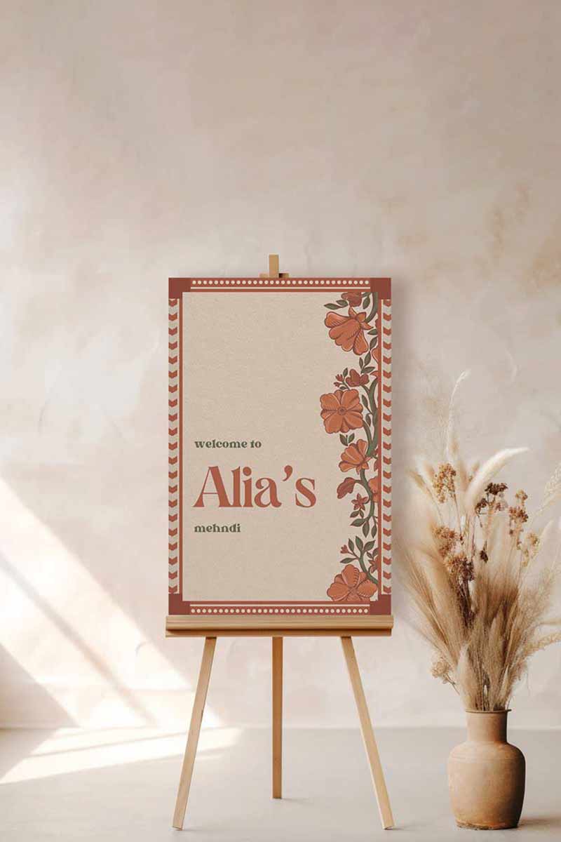 Wedding Invitations. Retro Welcome Sign. Indian Wedding Invites. Event Welcome Sign. Burnt Orange and beige colours. Orange florals. Birthday and Celebration. Wedding Ceremony. Engagement Sign. Wedding Stationery. DIY Stationery. Digital Download. Canva. Indian Weddings. Anand Karaj. Sangeet. Chunni. Mehndi, Haldi. Personalize. Customize.