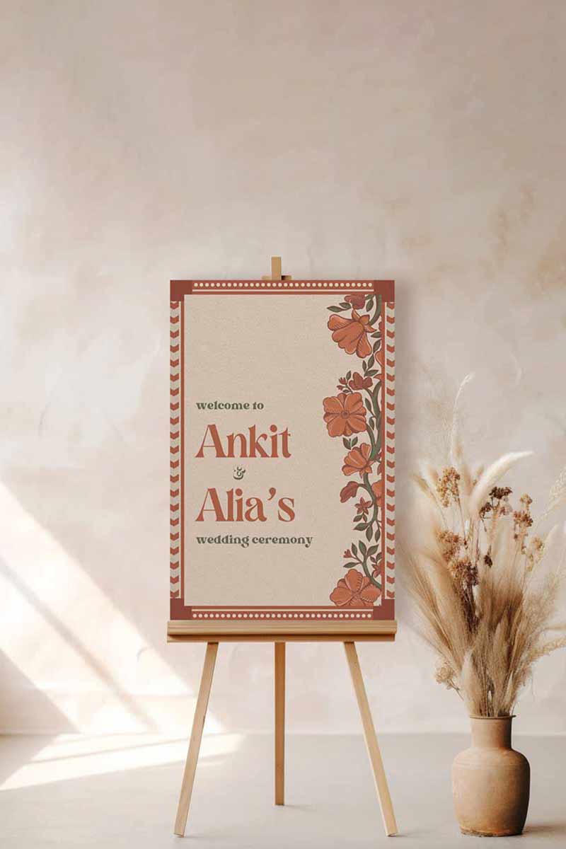 Wedding Invitations. Retro Welcome Sign. Indian Wedding Invites. Event Welcome Sign. Burnt Orange and beige colours. Orange florals. Birthday and Celebration. Wedding Ceremony. Engagement Sign. Wedding Stationery. DIY Stationery. Digital Download. Canva. Indian Weddings. Anand Karaj. Sangeet. Chunni. Mehndi, Haldi. Personalize. Customize.