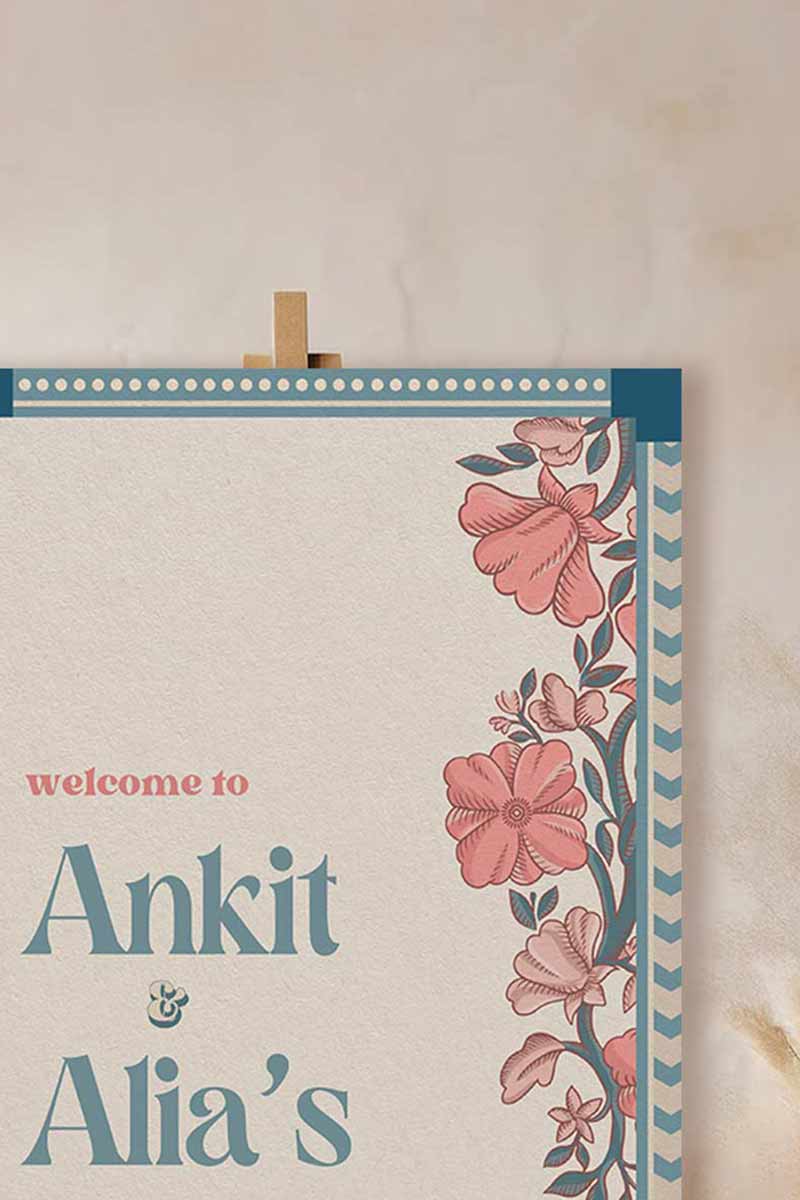 Wedding Invitations. Retro Welcome Sign. Indian Wedding Invites. Invitation set. Wedding and Event Welcome Sign. Blue, pink and beige colours. Orange florals. Birthday and Celebration. Wedding Ceremony. Engagement Sign. Wedding Stationery. DIY Stationery. Digital Download. Canva. Indian Weddings. Anand Karaj. Sangeet. Chunni. Personalize. Customize.