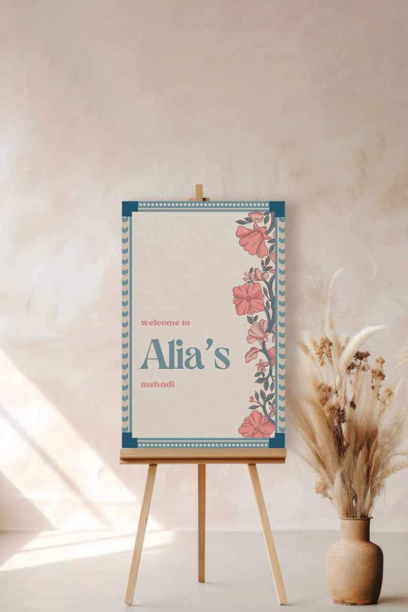 Wedding Invitations. Retro Welcome Sign. Indian Wedding Invites. Invitation set. Wedding and Event Welcome Sign. Blue, pink and beige colours. Orange florals. Birthday and Celebration. Wedding Ceremony. Engagement Sign. Wedding Stationery. DIY Stationery. Digital Download. Canva. Indian Weddings. Anand Karaj. Sangeet. Chunni. Personalize. Customize.