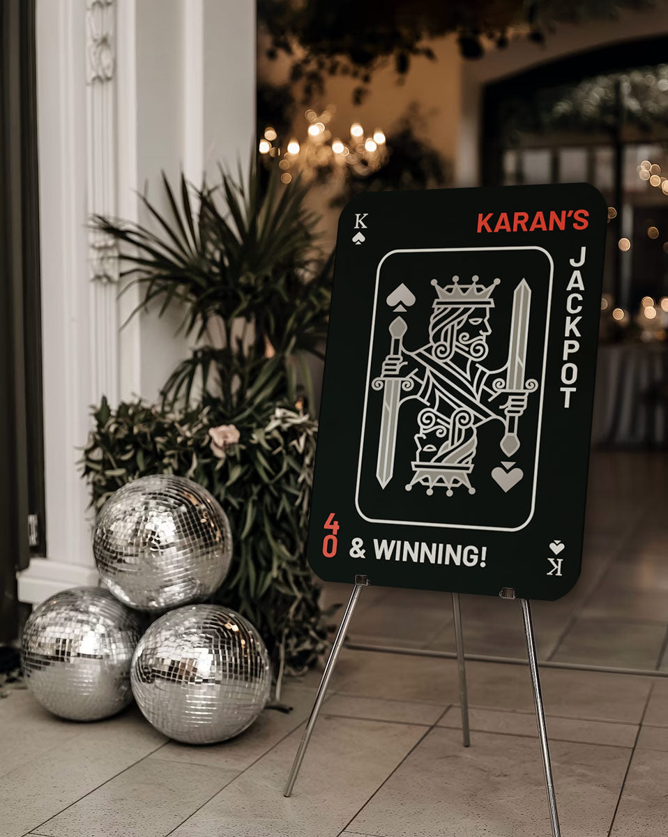 Casino Royale Welcome Sign with King & Queen in the shades of Silver & gold. Casino Night, Las Vegas. Wedding Events like birthday, milestone celebration & themed night. Personalize and customize in Canva. Print at any local printer around the World.