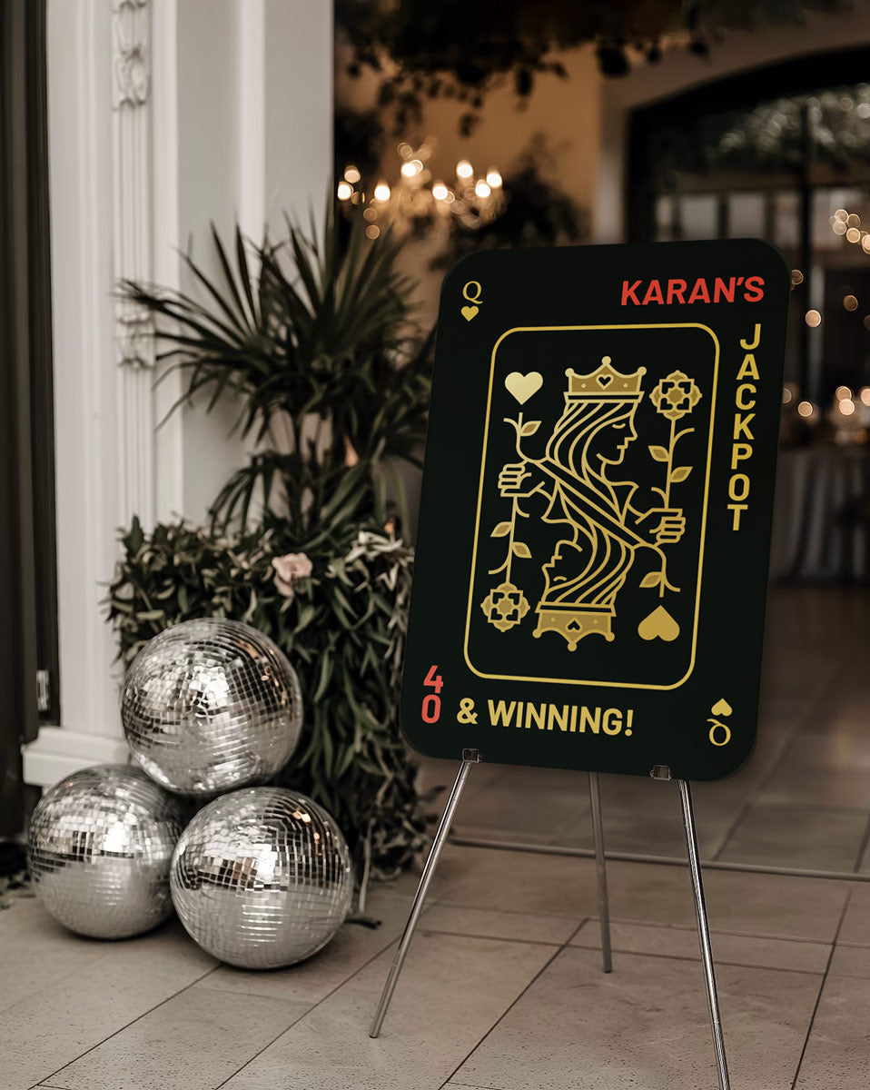 Casino Royale Welcome Sign with King & Queen in the shades of Silver & gold. Casino Night, Las Vegas. Wedding Events like birthday, milestone celebration & themed night. Personalize and customize in Canva. Print at any local printer around the World.
