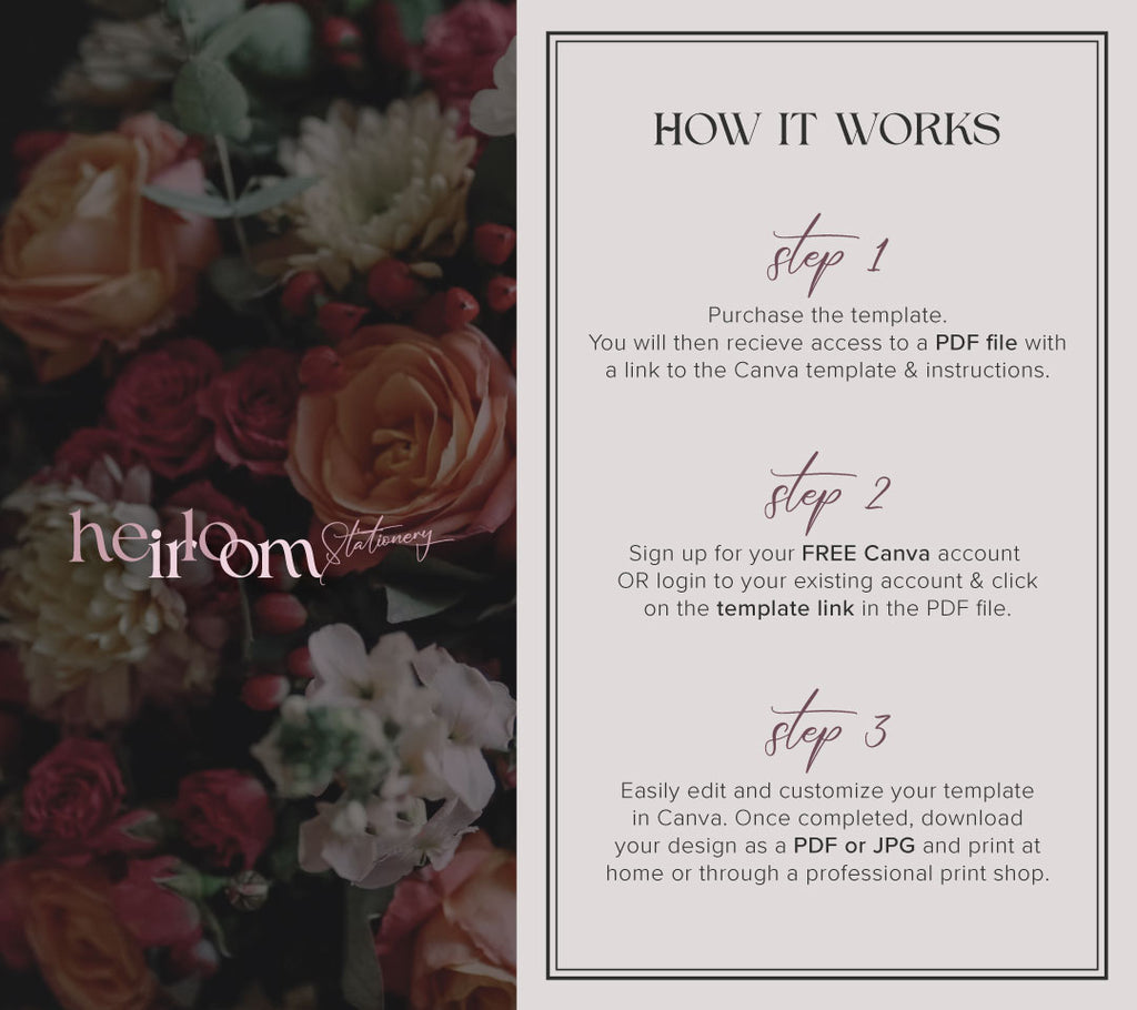 Step-by-step guide for Heirloom Stationery: How to purchase, edit text and colors in Canva, and print DIY wedding invitations, menus, and signs.