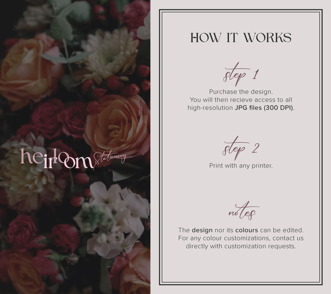 Step-by-step guide for Heirloom Stationery: How to purchase, edit text and colors in Canva, and print DIY wedding invitations, menus, and signs.