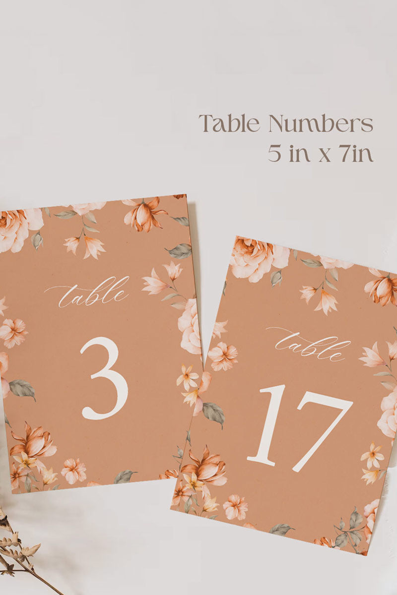 Floral Wedding Table Numbers. Event Table Numbers. Shades of Tan, orange and beige. Orange roses. Baby Shower. Indian Wedding. Birthday and Celebration. Engagement Stationery. Wedding Stationery. DIY Stationery. Digital Download. Canva. Indian Weddings. Reception. Personalize. Customize. Anand Karaj, Mehndi, Sangeet, Haldi