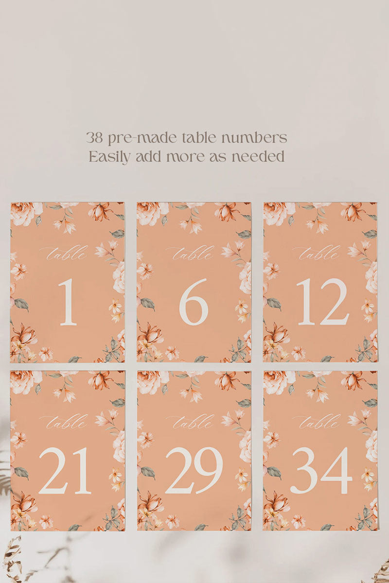 Floral Wedding Table Numbers. Event Table Numbers. Shades of Peach, orange and beige. Orange roses. Baby Shower. Indian Wedding. Birthday and Celebration. Engagement Stationery. Wedding Stationery. DIY Stationery. Digital Download. Canva. Indian Weddings. Reception. Personalize. Customize. Anand Karaj, Mehndi, Sangeet, Haldi
