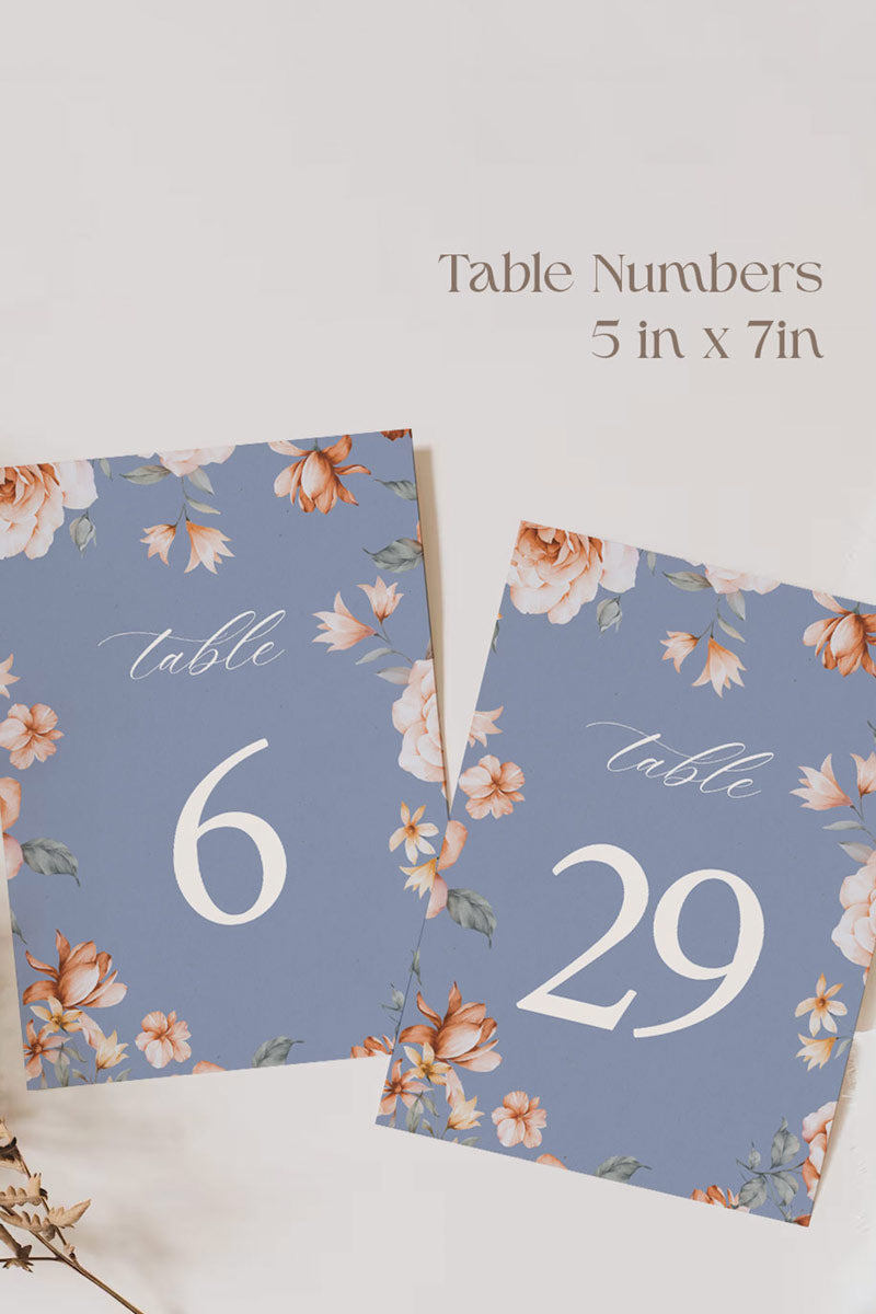 Floral Wedding Table Numbers. Event Table Numbers. Shades of Blue, orange and beige. Orange roses. Baby Shower. Indian Wedding. Birthday and Celebration. Engagement Stationery. Wedding Stationery. DIY Stationery. Digital Download. Canva. Indian Weddings. Reception. Personalize. Customize. Anand Karaj, Mehndi, Sangeet, Haldi
