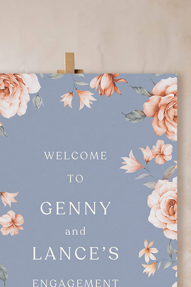 Floral Wedding Welcome Sign. Event Welcome Sign. Shades of Blue, orange and beige. Orange roses. Baby Shower. Indian Wedding. Birthday and Celebration. Engagement Stationery. Wedding Stationery. DIY Stationery. Digital Download. Canva. Indian Weddings. Reception. Personalize. Customize. Anand Karaj, Mehndi, Sangeet, Haldi