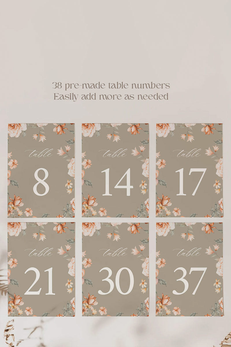Floral Wedding Table Numbers. Event Table Numbers. Shades of Green, orange and beige. Orange roses. Baby Shower. Indian Wedding. Birthday and Celebration. Engagement Stationery. Wedding Stationery. DIY Stationery. Digital Download. Canva. Indian Weddings. Reception. Personalize. Customize. Anand Karaj, Mehndi, Sangeet, Haldi
