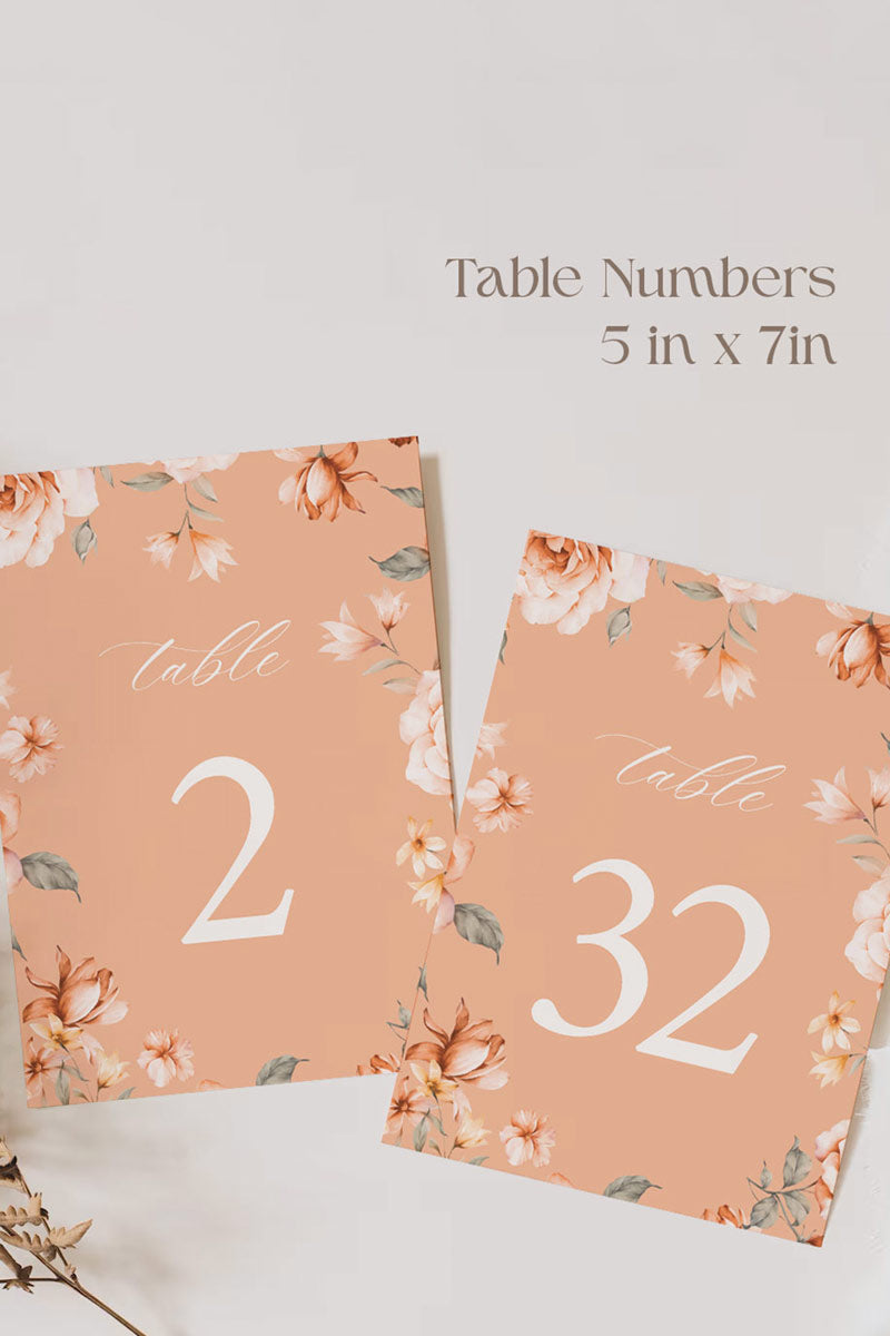 Floral Wedding Table Numbers. Event Table Numbers. Shades of Peach, orange and beige. Orange roses. Baby Shower. Indian Wedding. Birthday and Celebration. Engagement Stationery. Wedding Stationery. DIY Stationery. Digital Download. Canva. Indian Weddings. Reception. Personalize. Customize. Anand Karaj, Mehndi, Sangeet, Haldi