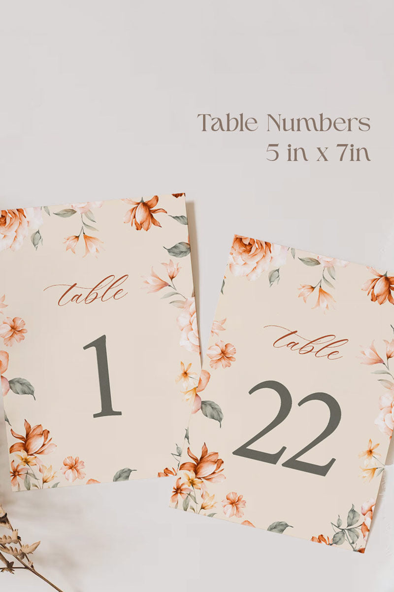 Floral Wedding Table Numbers. Event Table Numbers. Shades of Cream, Green, orange and beige. Orange roses. Baby Shower. Indian Wedding. Birthday and Celebration. Engagement Stationery. Wedding Stationery. DIY Stationery. Digital Download. Canva. Indian Weddings. Reception. Personalize. Customize. Anand Karaj, Mehndi, Sangeet, Haldi