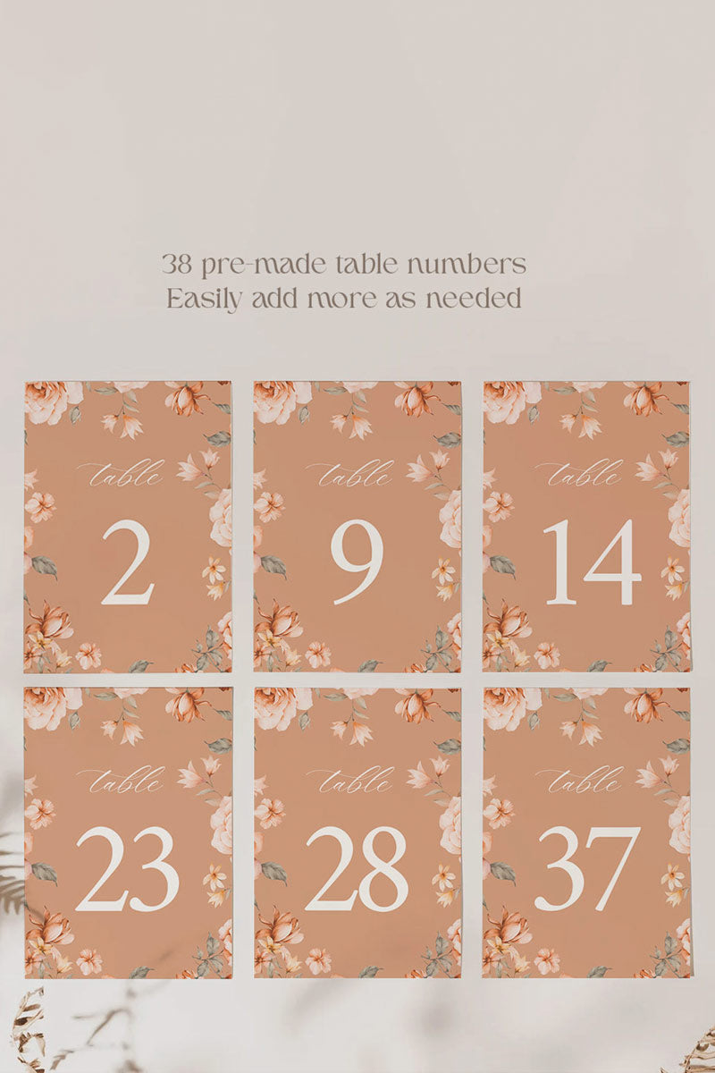 Floral Wedding Table Numbers. Event Table Numbers. Shades of Tan, orange and beige. Orange roses. Baby Shower. Indian Wedding. Birthday and Celebration. Engagement Stationery. Wedding Stationery. DIY Stationery. Digital Download. Canva. Indian Weddings. Reception. Personalize. Customize. Anand Karaj, Mehndi, Sangeet, Haldi