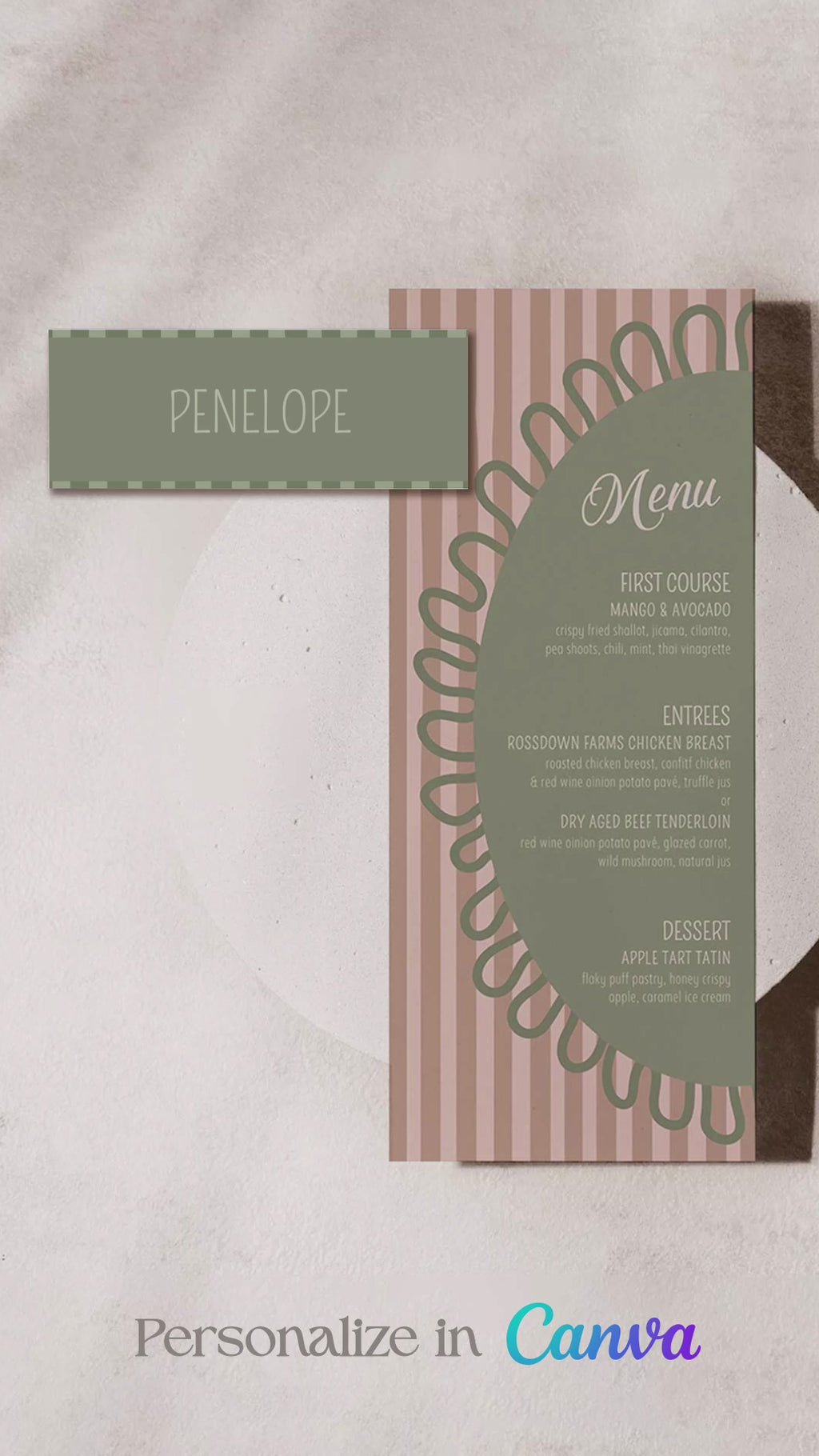 Striped name place card. Bridal shower dinner card. Green & beige. Celebration events for, birthday, baby shower or weddings. Wedding & event stationery. Personalize & customize in Canva. Digital Download. Print around the world at a local print shop