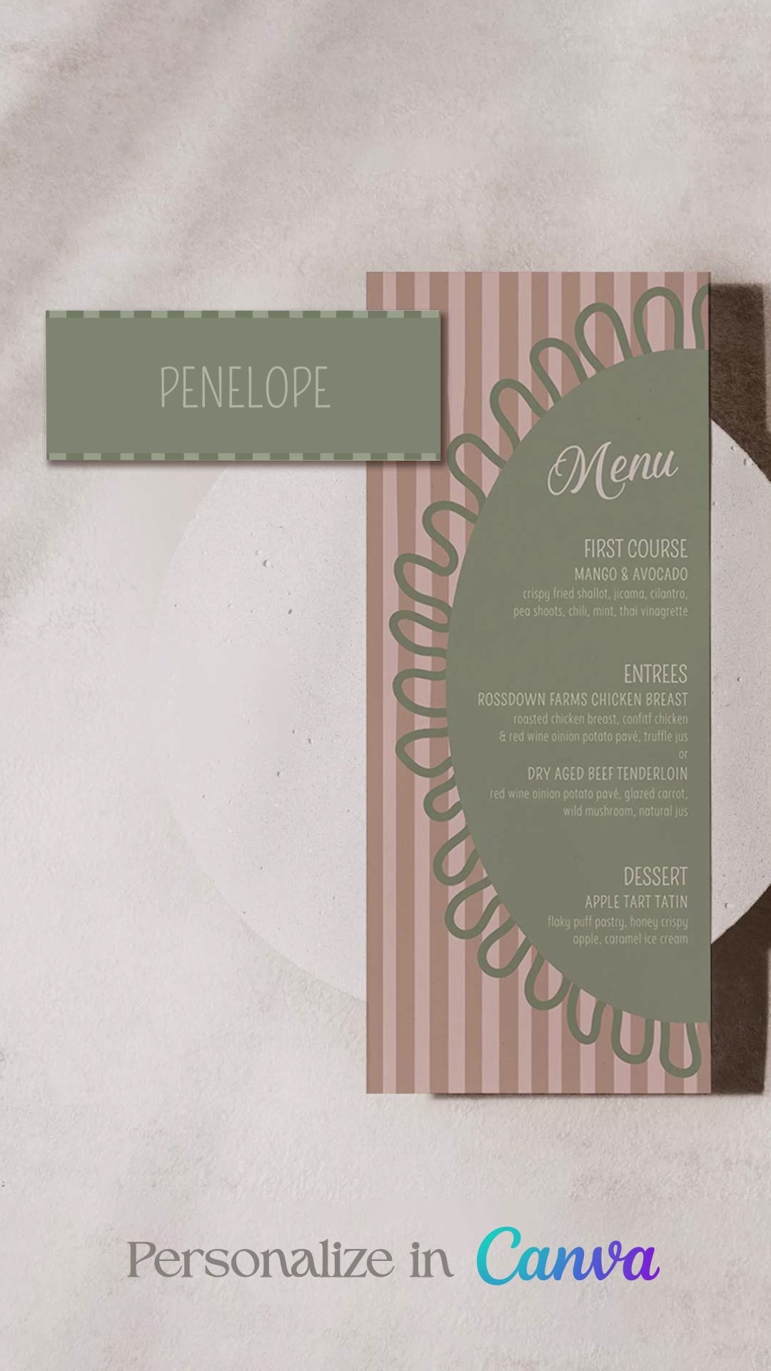 Striped name place card. Bridal shower dinner card. Green & beige. Celebration events for, birthday, baby shower or weddings. Wedding & event stationery. Personalize & customize in Canva. Digital Download. Print around the world at a local print shop