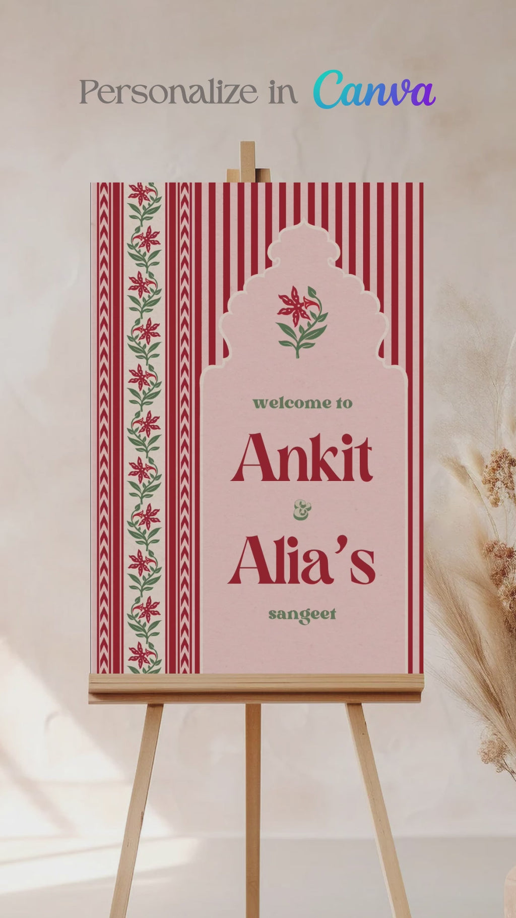 Jaipur block print Welcome Sign with florals stripes and chevron pattern in the shades of red, pink, and beige. Indian Wedding Events like jago, sangeet, mehndi, haldi, chunni & maiyan. Inspired by Villa Palladio Jaipur. Palace Arches. Traditional and modern indian design. Personalize and customize in Canva. Print at any local printer around the World.