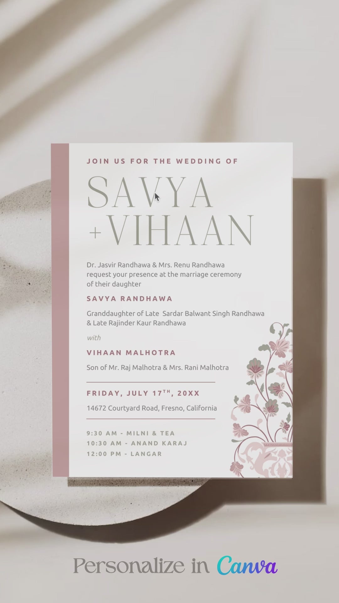 Jaipur-inspired Wedding Invitation Set in the shades of maroon, pink, mehndi green, and white. With maroon & pink florals & Indian elephants. Jaipur block print artwork. It is inspired by Jaipuri style design and art. Sized at 5" x 7" with front and back design options. Indian Wedding Invitation Set. Personalize and customize in Canva. Print at any local printer around the World. Florals & Birds