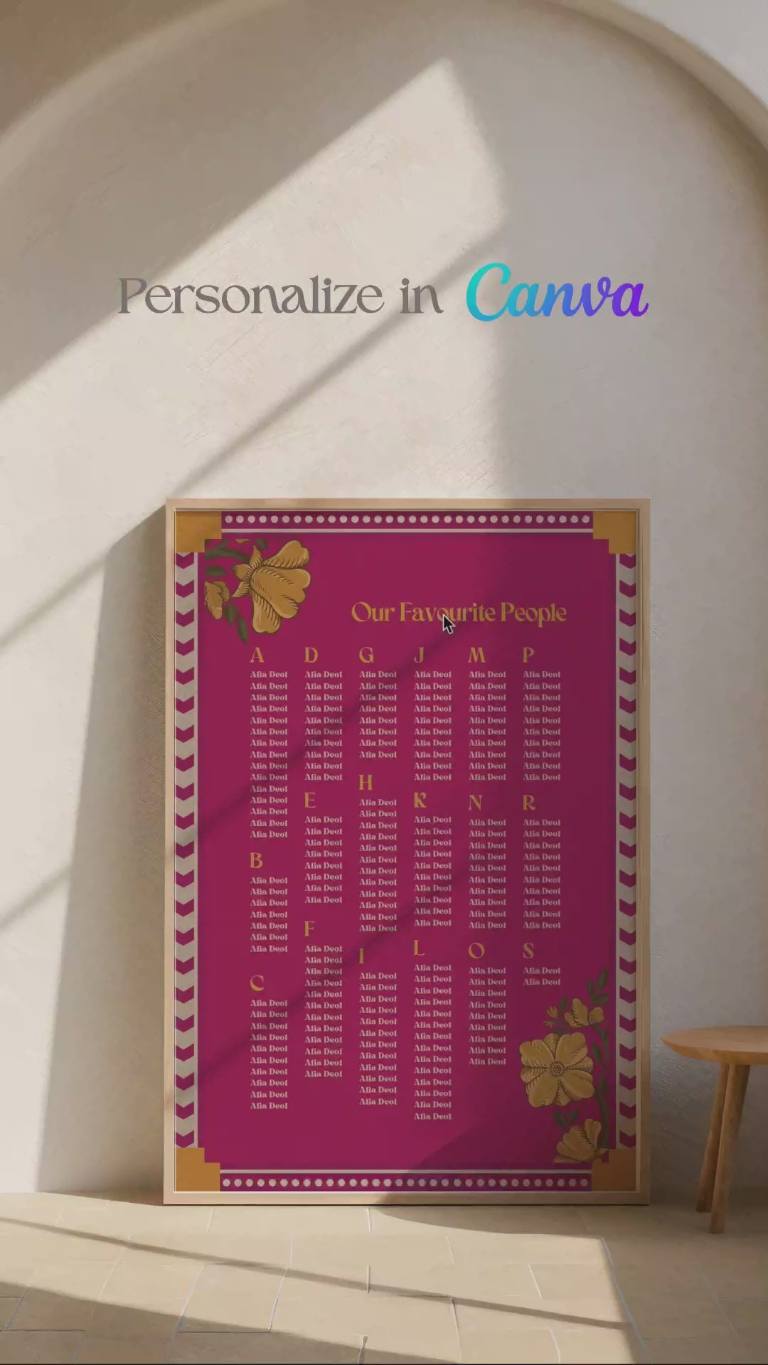 Retro Wedding Seating Chart with hot pink, beige & yellow florals. Indian Wedding events for Sangeet, Haldi, Maiyan or Jago. Wedding Signage. Personalize and customize in Canva. Digital Download.  Print around the world at a local print shop.