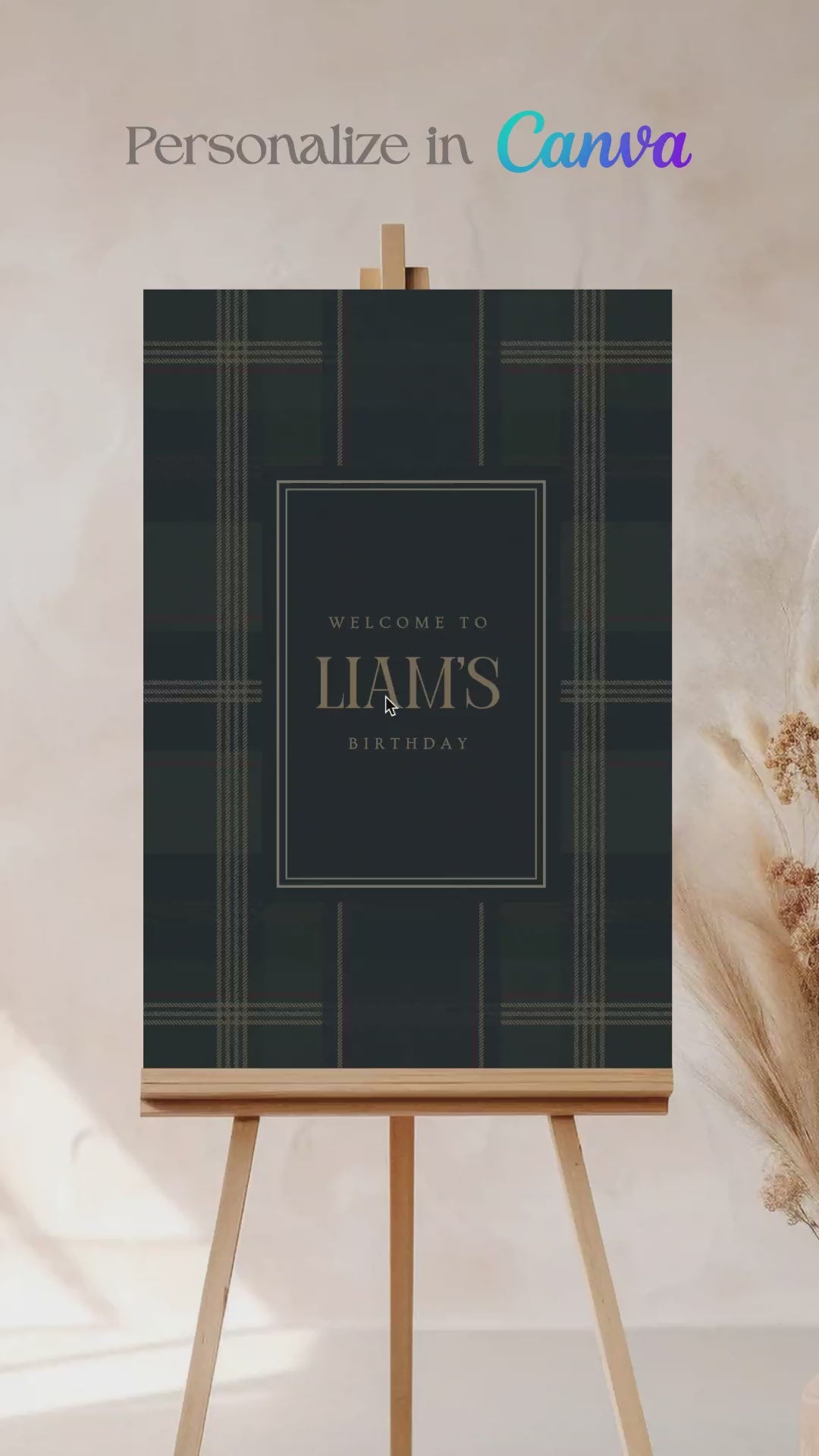 Ralph Lauren Plain birthday welcome sign in a minimalistic style. Event signage. In a blue, brown & red plaid design. Stationery for various event celebrations. Wedding, engagement stationery. Personalize and customize in Canva. Print at any local printer around the World. rust red, copper red, berry red, cranberry red.