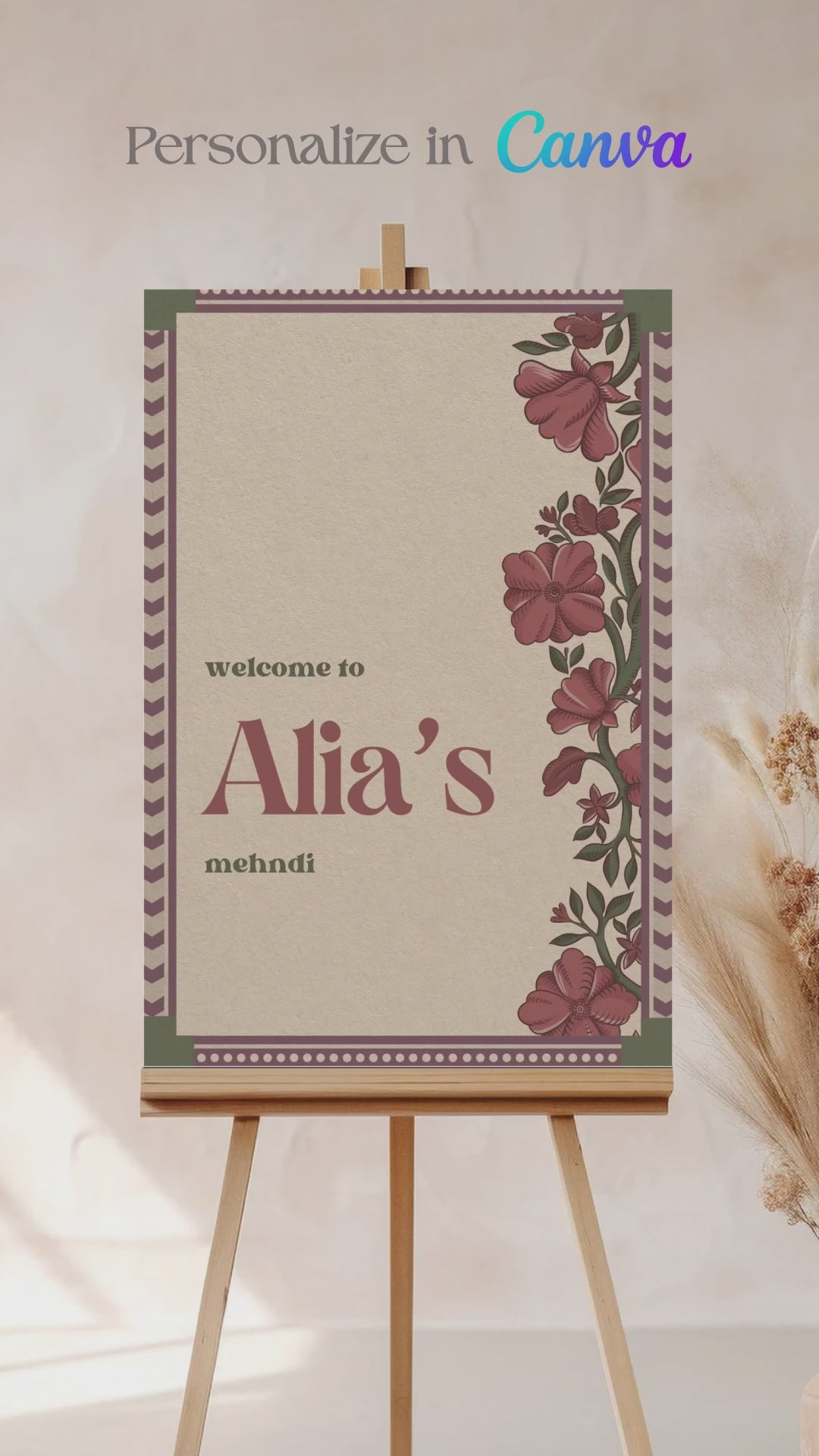 Wedding Invitations. Retro Welcome Sign. Indian Wedding Invites. Event Welcome Sign. Wine Purple, Green and beige colours. Wine Purple florals. Birthday and Celebration. Wedding Ceremony. Engagement Sign. Wedding Stationery. DIY Stationery. Digital Download. Canva. Indian Weddings. Anand Karaj. Sangeet. Chunni. Mehndi, Haldi. Personalize. Customize.