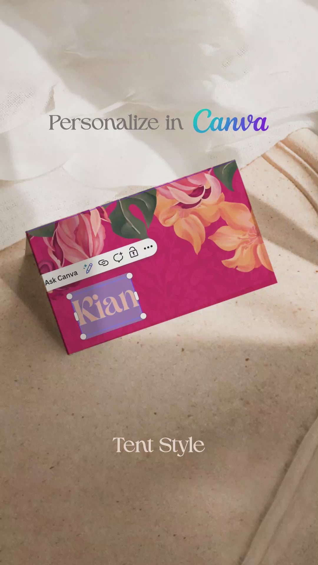 Orange, yellow & pink tropical floral Wedding Escort Card with orange marigold florals. Pink roses. Traditional Indian wedding stationery & name place card. Guest name card. Indian Wedding events for Sangeet, Haldi, Maiyan or Jago. Wedding Signage. Personalize and customize in Canva. Digital Download.  Print around the world at a local print shop.