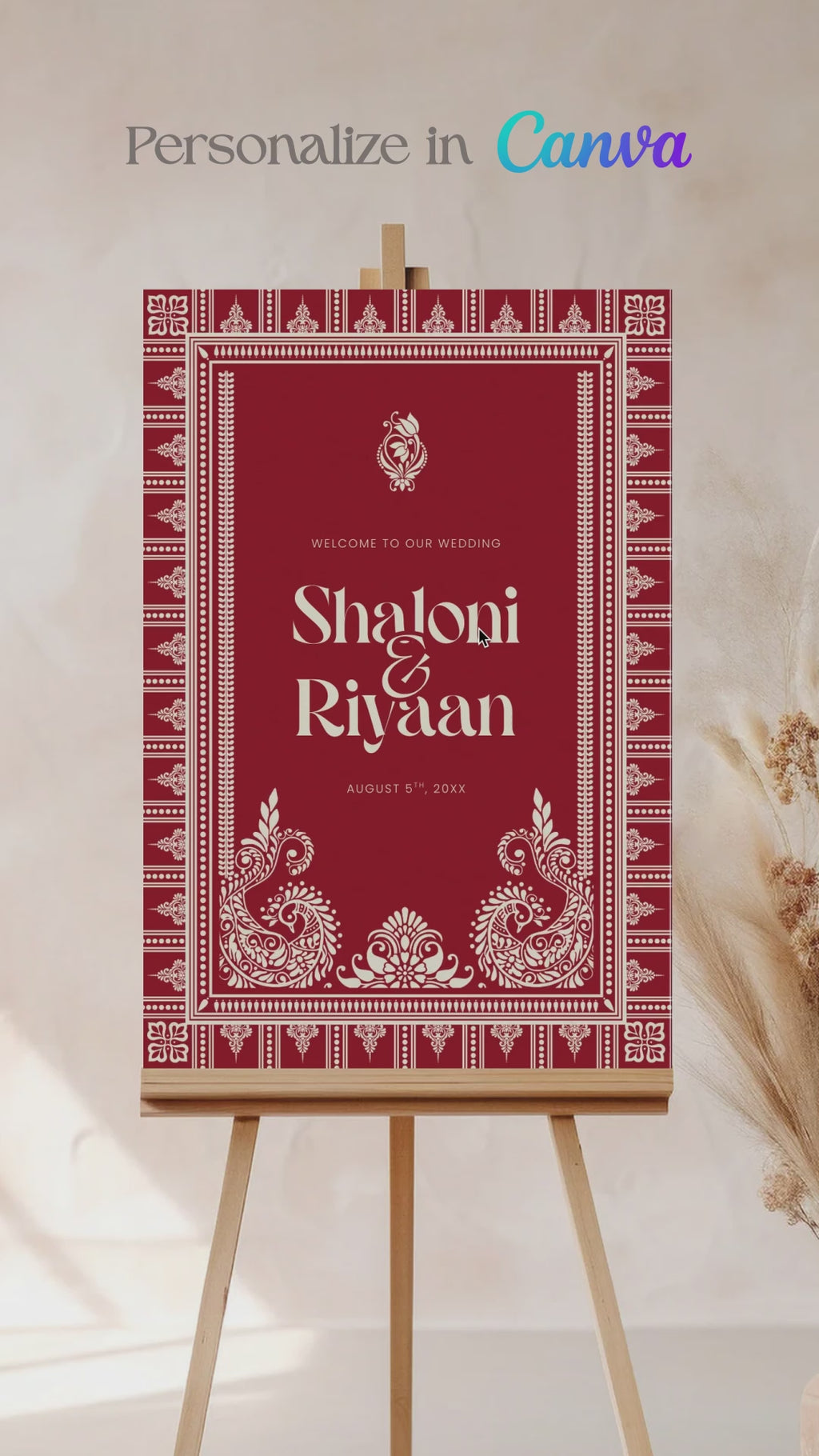 Alpona design welcome sign. Bridal shower sign. red & beige. Celebration events for engagement, birthday, baby shower or weddings. Indian wedding events like hindu ceremony, sikh wedding, tamil wedding, south indian wedding. Maiayn, Jaggo, Mehndi, Sangeet Welcome Sign. Red & White design. Wedding & event stationery. Personalize & customize in Canva. Digital Download. Print around the world at a local print shop.