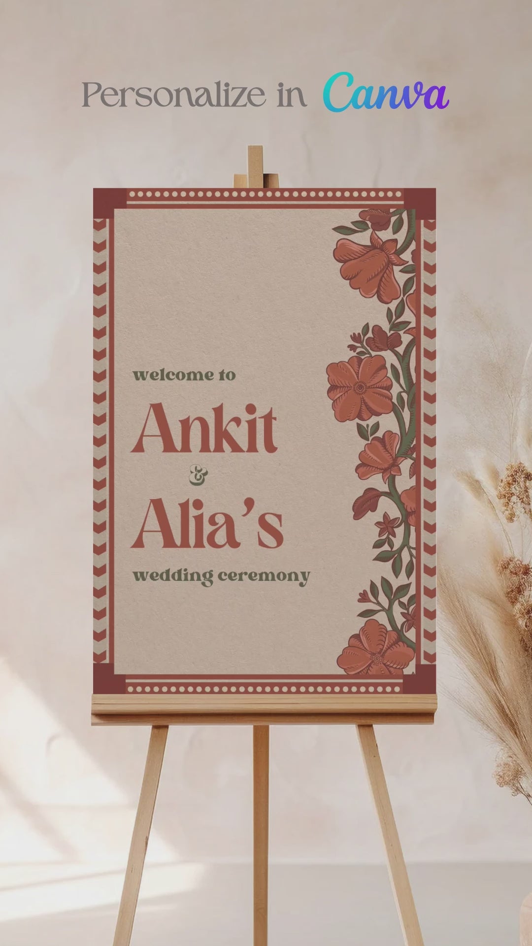 Wedding Invitations. Retro Welcome Sign. Indian Wedding Invites. Event Welcome Sign. Burnt Orange and beige colours. Orange florals. Birthday and Celebration. Wedding Ceremony. Engagement Sign. Wedding Stationery. DIY Stationery. Digital Download. Canva. Indian Weddings. Anand Karaj. Sangeet. Chunni. Mehndi, Haldi. Personalize. Customize.