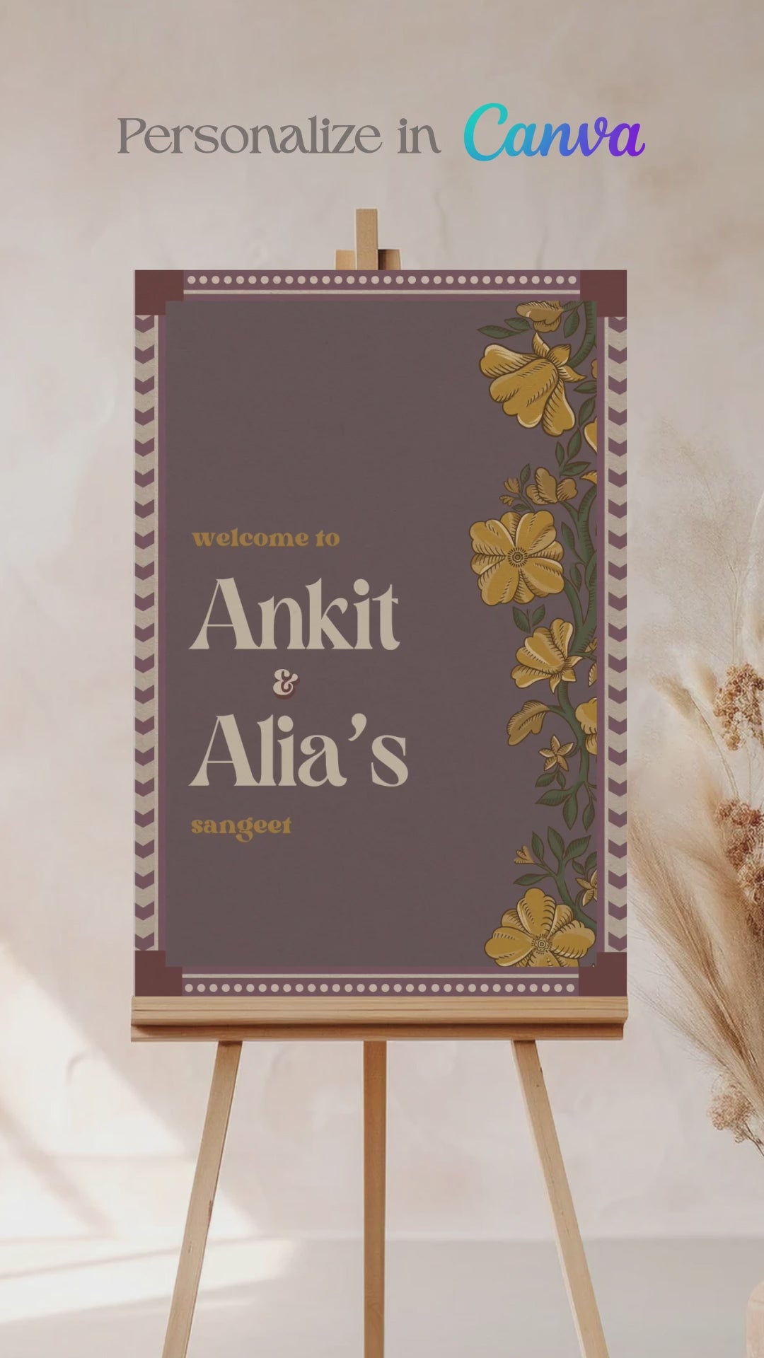 Wedding Invitations. Retro Welcome Sign. Indian Wedding Invites. Event Welcome Sign. Wine Purple, yellow and beige colours. Yellow florals. Birthday and Celebration. Wedding Ceremony. Engagement Sign. Wedding Stationery. DIY Stationery. Digital Download. Canva. Indian Weddings. Anand Karaj. Sangeet. Chunni. Personalize. Customize.
