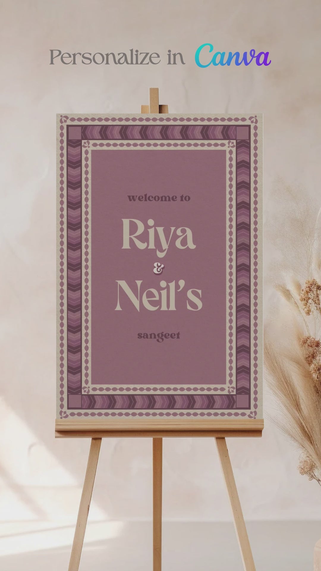 Wedding Invitations. Retro Welcome Sign. Indian Wedding Invites. Event Welcome Sign. Wine Purple, and beige colours. Chevron pattern. Birthday and Celebration. Wedding Ceremony. Engagement Sign. Wedding Stationery. DIY Stationery. Digital Download. Canva. Indian Weddings. Anand Karaj. Sangeet. Chunni. Mehndi, Haldi. Personalize. Customize.