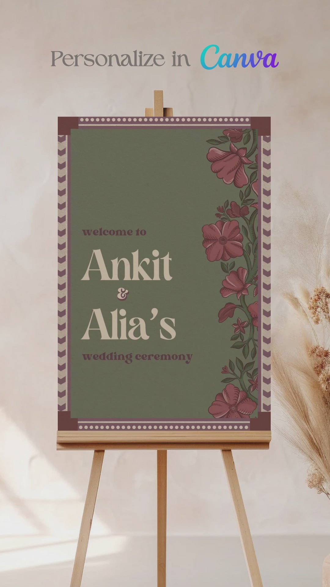 Wedding Invitations. Retro Welcome Sign. Indian Wedding Invites. Event Welcome Sign. Wine Purple, Green and beige colours. Wine Purple florals. Birthday and Celebration. Wedding Ceremony. Engagement Sign. Wedding Stationery. DIY Stationery. Digital Download. Canva. Indian Weddings. Anand Karaj. Sangeet. Chunni. Mehndi, Haldi. Personalize. Customize.