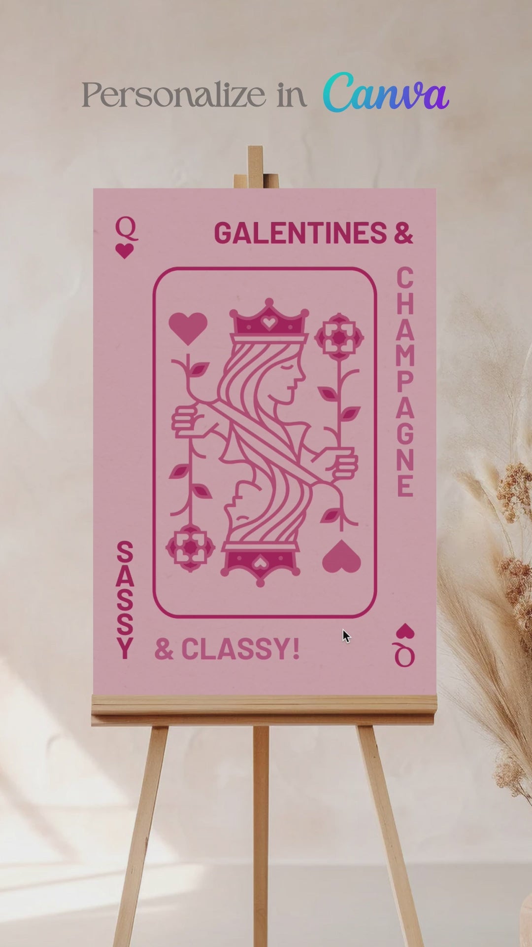 Hot Pink Queen of Hearts Welcome Sign. Celebrations events for Galentines, Valentines, Girls Night, Stag or Bridal Shower. Signage. Pretty in Pink. Personalize and customize in Canva. Digital Download. Print around the world at a local print shop.