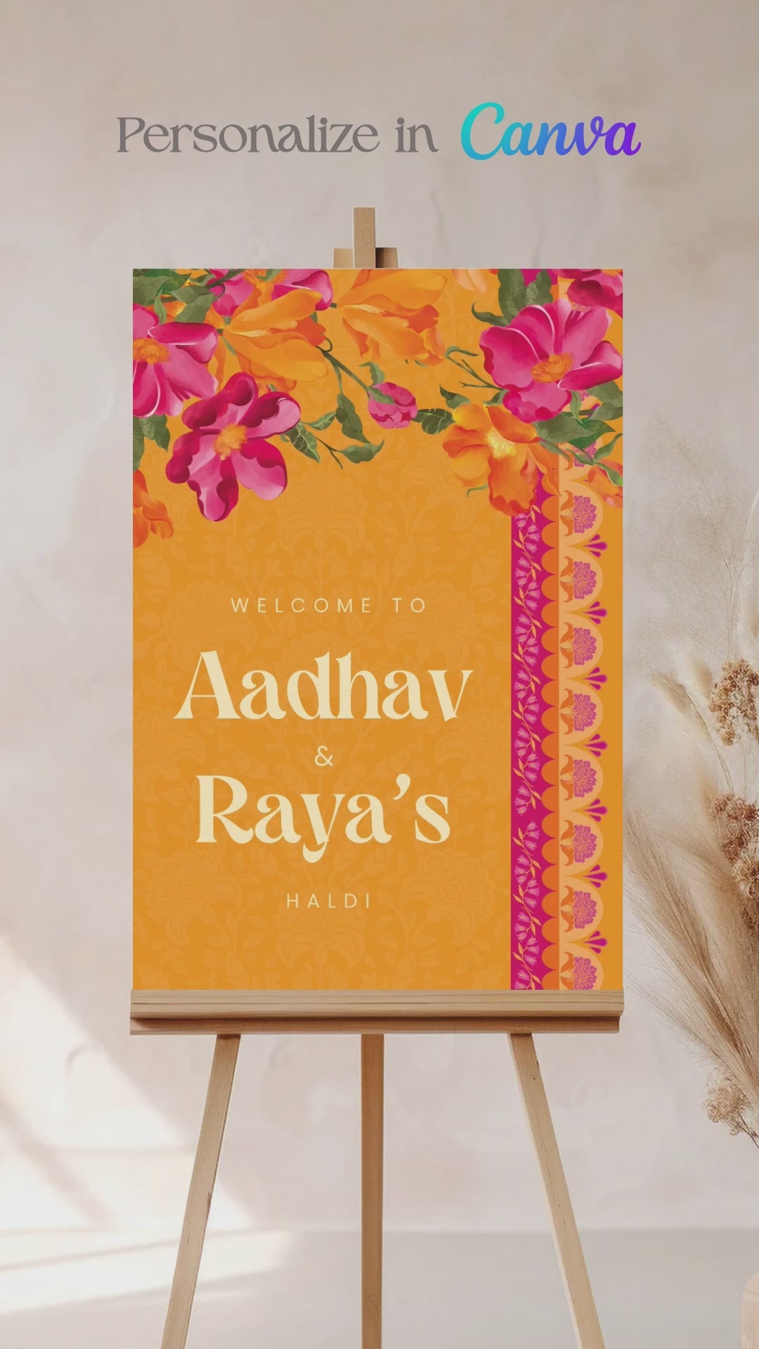 Orange, yellow & pink retro Wedding Welcome Sign with orange marigold florals. Pink roses. Tradiitonal Indian wedding sign. Indian Wedding events for Sangeet, Haldi, Maiyan or Jago. Wedding Signage. Personalize and customize in Canva. Digital Download.  Print around the world at a local print shop.