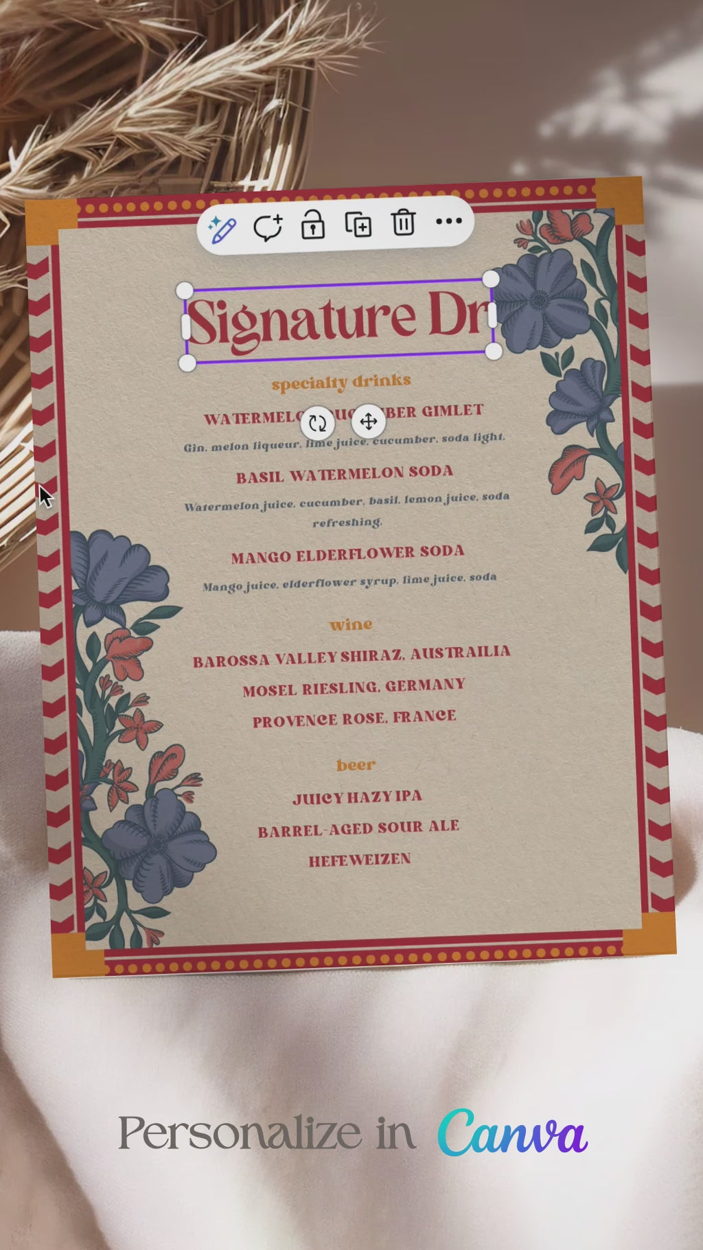 Retro Wedding Bar Menu with terracotta & rust marigold florals. Indian Wedding events for Sangeet, Haldi, Maiyan or Jago. Wedding Signage. Wedding signature drink editable menu. Canva template. The bar or drinks sign. Drink menu. 8" x 10" menu design. Personalize and customize in Canva. Digital Download.  Print around the world at a local print shop.