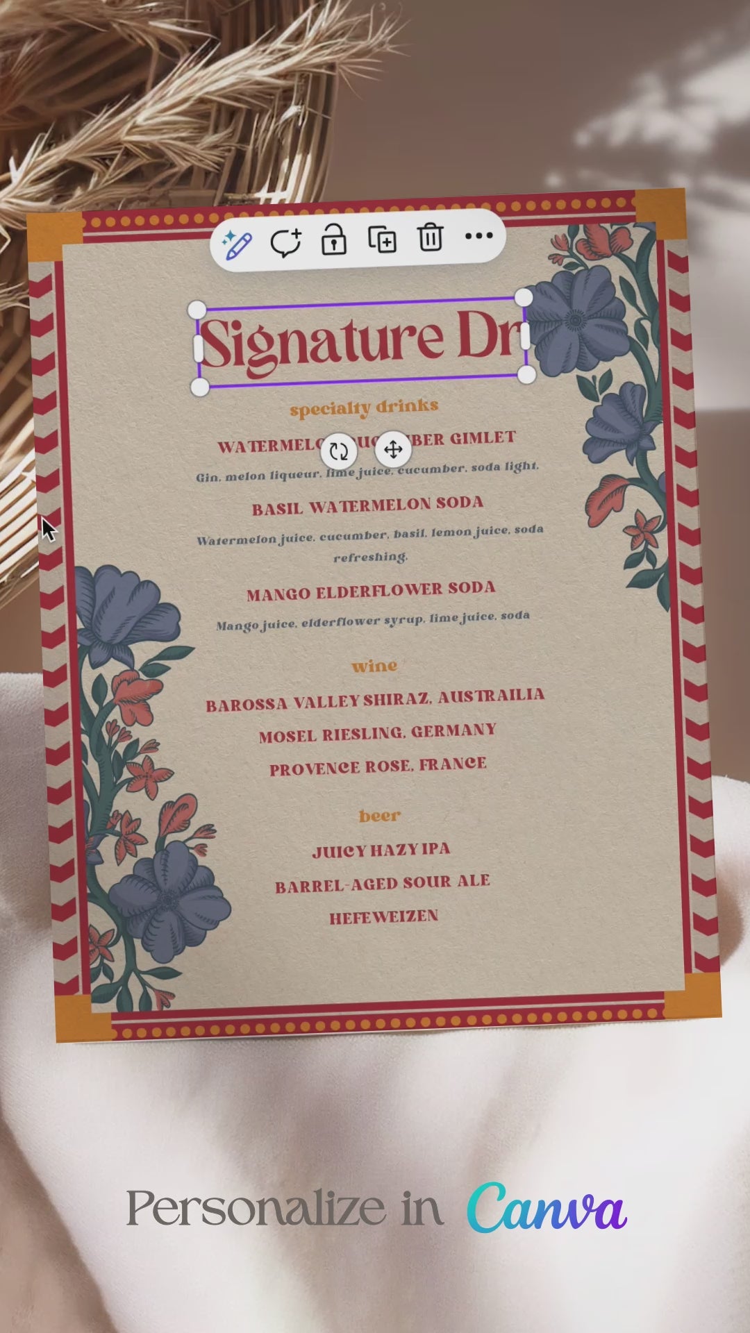 Retro Wedding Bar Menu with terracotta & rust marigold florals. Indian Wedding events for Sangeet, Haldi, Maiyan or Jago. Wedding Signage. Wedding signature drink editable menu. Canva template. The bar or drinks sign. Drink menu. 8" x 10" menu design. Personalize and customize in Canva. Digital Download.  Print around the world at a local print shop.