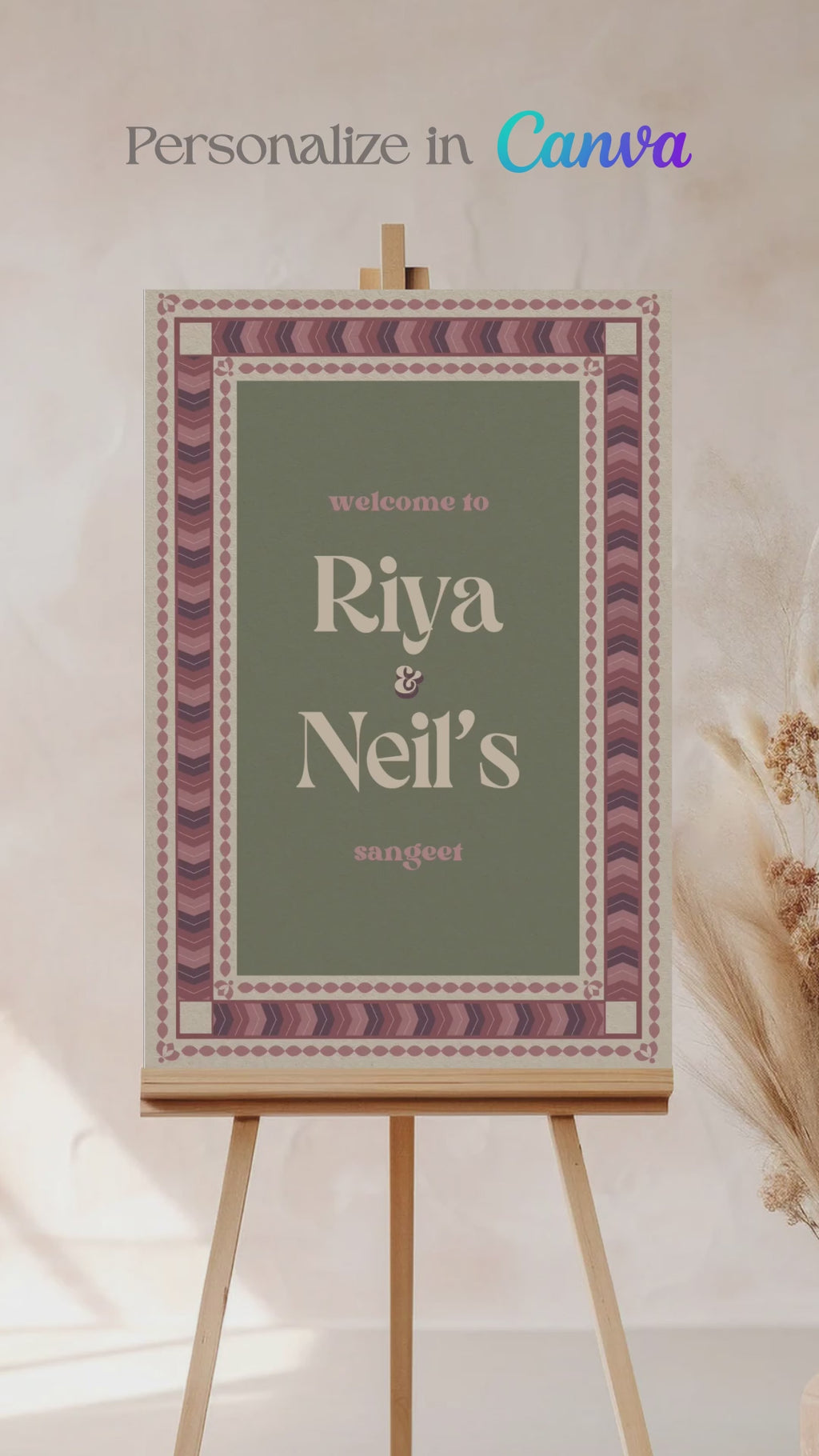 Retro Wedding Welcome Sign. Event Welcome Sign. Shades of purple, green and beige. Chevron Pattern. Baby Shower. Birthday and Celebration. Engagement Stationery. Wedding Stationery. DIY Stationery. Digital Download. Canva. Indian Weddings. Reception. Personalize. Customize. Anand Karaj, Mehndi, Sangeet, Haldi