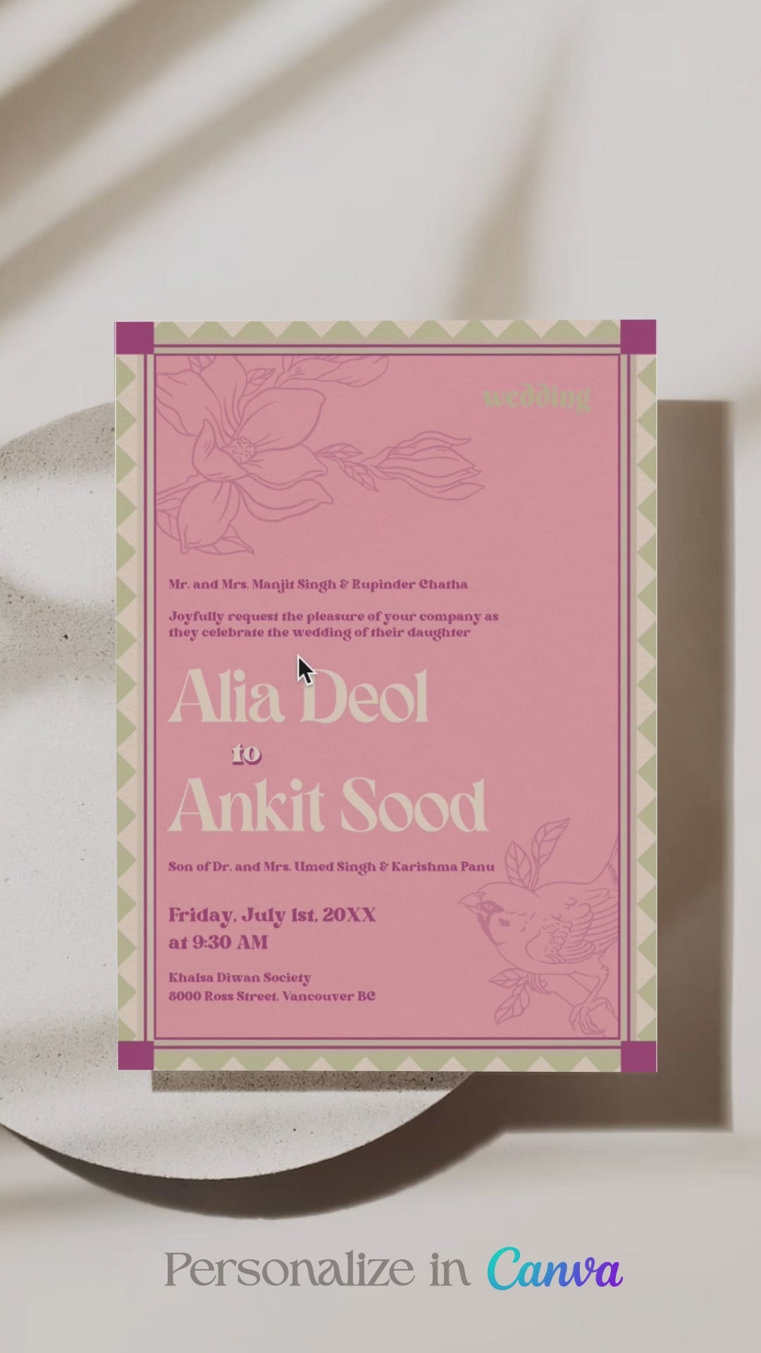 Retro Wedding Invitation Set in the shades of blue, green, light pink, hot pink, beige and green and pastel colours. With orange marigold floral. Jaipur block print artwork. It has line drawn florals and birds. Sized at 5 inches x 7 inches with front and back design options. Indian Wedding Invitation Set. Personalize and customize in Canva. Print at any local printer around the World. Florals & Birds